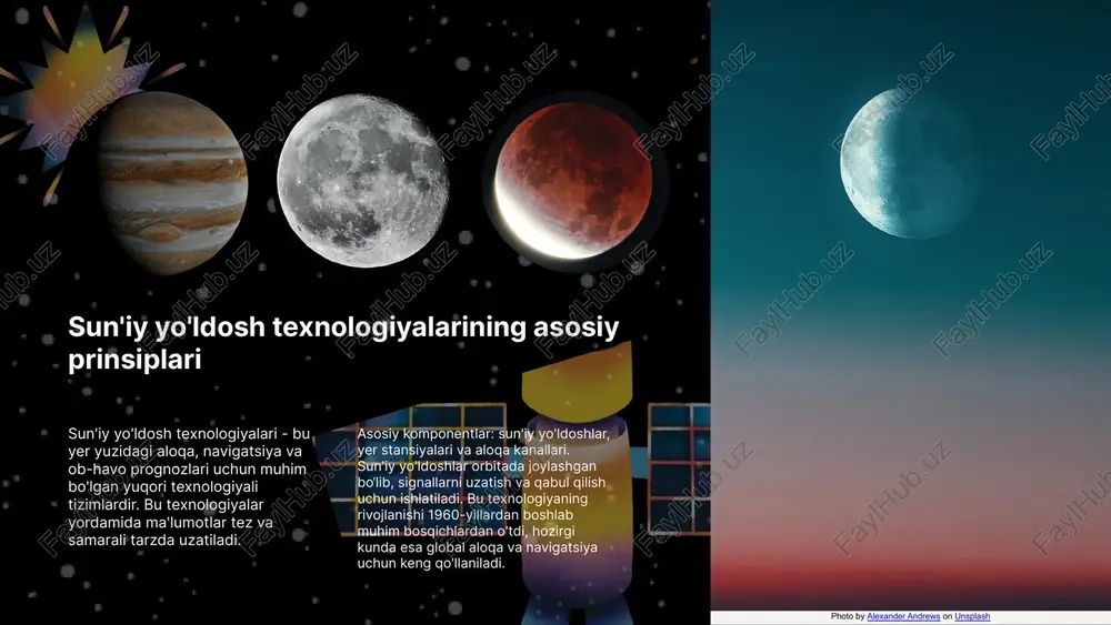 hkamlashadi. raqobatbardosh bozorni yaratish va iqtisodiy o'sish sun'iy yo'ldoshlar yordamida yangi kompaniyalar va xizmatlar bozorga kirib, raqobat muhitini kuchaytiradi. bu esa iqtisodiy rivojlanishni tezlashtiradi, innovatsiyalarni rivojlantiradi va xarajatlarni kamaytiradi. vs kelajakda sun'iy yo'ldoshlar va iqtisodiyot sun'iy yo'ldosh texnologiyalarining kelajakdagi roli kengayadi, ular global iqtisodiy rivojlanishda muhim omil bo'lib xizmat qiladi. innovatsiyalar va investitsiyalar yangi strategiyalar ishlab chiqilishini ta'minlaydi. sun'iy yo'ldoshlar yordamida dunyo bo'ylab iqtisodiy faoliyatlar va aloqa imkoniyatlari kengayadi, bu global iqtisodiy integratsiyani mustahkamlashga xizmat qiladi. photo by casey horner on unsplash sun'iy yo'ldosh texnologiyalarining iqtisodiy ta'siri iqtisodiy rivojlanish va xarajatlar sun'iy yo'ldoshlar iqtisodiy o'sishni tezlashtiradi va xarajatlarni kamaytiradi. bu infratuzilma va xizmatlarni kengaytirishga yordam beradi. yangi ish o'rinlari va raqobat sun'iy yo'ldoshlar yangi ish o'rinlari yaratadi va raqobatni oshiradi. bu texnologiyalar mutaxassislar ehtiyojini va iqtisodiy faollikni kuchaytiradi. photo by greg rakozy on unsplash kelajak istiqbollari va rivojlanish yo'nalishlari sun'iy yo'ldosh texnologiyalarining kelajakdagi roli, yangi avlod sun'iy yo'ldoshlar, ularning texnikaviy …