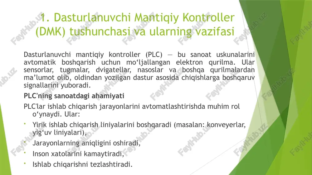 olib tashlash mumkin. plc texnologiyasining istiqbollari: iot (internet of things) bilan integratsiya: plc'lar endi internet orqali ma’lumot yuborishi va qabul qilishi mumkin. bulut texnologiyalari bilan bog‘lanish: plc ma’lumotlari real vaqtda internet orqali kuzatiladi va saqlanadi. sun’iy intellekt (ai) bilan uyg‘unlashuv: plc tizimlari aqlli qarorlar chiqarishda sun’iy intellekt algoritmlaridan foydalanadi. image1.png image2.png image3.jpeg /docprops/thumbnail.jpeg