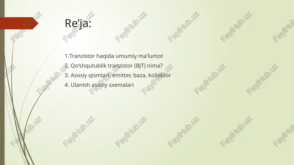 htiruvchi) bosqichlar, signal moslashtirish. umumiy baza (ub – common base) sxemasi ▶ tavsifi: tranzistorning bazasi umumiy nuqta sifatida ulanadi. signal emitterga beriladi, chiqish esa kollektordan olinadi. ▶ xususiyatlari: kuchlanishni kuchaytiradi, ammo tokni deyarli kuchaytirmaydi. kirish qarshiligi juda past, chiqish qarshiligi esa yuqori. faza o‘zgarmaydi. ▶ qo‘llanilishi: yuqori chastotali qurilmalarda, rf kuchaytirgichlarda. xulosa: qo‘shqutublik tranzistorlar (bjt) zamonaviy elektronikaning eng muhim elementlaridan biridir. ular signalni kuchaytirish va elektr tokini boshqarishda keng qo‘llaniladi. tranzistorlarning ishlashi emitter, baza va kollektor kabi uchta asosiy elektrodga asoslangan bo‘lib, ular turli sxema asosida ulanadi. bjt ning uch asosiy ulanish sxemasi mavjud: umumiy emitter, umumiy kollektor, va umumiy baza. har bir sxema ma'lum xususiyatlarga ega bo‘lib, kuchlanish va tokni kuchaytirish darajasi, faza o‘zgarishi, kirish va chiqish qarshiligi kabi elektr parametrlariga ko‘ra farqlanadi. umumiy emitter sxemasi kuchlanish va tokni kuchaytirishda keng qo‘llanilsa, umumiy kollektor signal moslash uchun, umumiy baza esa yuqori chastotali signallar uchun ishlatiladi. to‘g‘ri ulanish sxemasini tanlash …