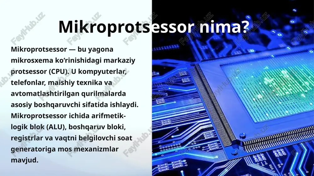 uchun ishlatiladi. ular pinni “1” holatida ushlab turadi. reset – mikroprotsessorni boshlang‘ich holatga qaytaradi. har doim elektr toki berilganda yoki tizimda xatolik yuz bersa, u ishga tushiriladi. mikroprotsessorning ishlash prinsiplarini tahlil qilish mikroprotsessor ma’lumotlarni takt tsikli asosida qayta ishlaydi. har bir takt davomida u biror instruktsiyani bajaradi. instruksiya tizimi va xotira boshqaruvi tizimning samarali ishlashini ta’minlaydi, bu esa har bir protsessor operatsiyasining tez va aniq bo‘lishiga imkon yaratadi. mikroprotsessorlar amaliyotda: misollar va texnologik qo‘llanilish mikroprotsessorlar nafaqat kompyuterlar va smartfonlarda, balki avtomobillarda, tibbiyot asboblarida va maishiy texnikada ham ishlatiladi. misol uchun, avtomobillarda xavfsizlik tizimlarini boshqarish, tibbiy qurilmalarda ma’lumotlarni qayta ishlash mikroprotsessorlar yordamida amalga oshiriladi. image2.png image3.jpeg image4.jpeg image1.png image5.jpeg image6.png image7.png image8.png image9.png image10.png image11.png image12.png image13.png image14.png image15.png image16.png