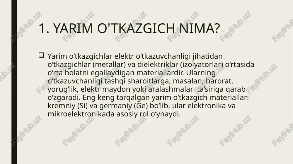 salan, bora (positiv zaryad) qo'shiladi. bu ularni elektronlarni qabul qilish uchun imkoniyat yaratadi. qo'llanish soqalari: elektronika va kompyuter texnologiyalari: chiplar, mikroprotsessorlar, va xotira modullari yaratish uchun ishlatiladi. quvvat elektronikasida: yarim o'tkazgichlar kuchlanish va tokni boshqarish uchun ishlatiladi, masalan, invertorlar va elektr tarmoqlarida. yorug'lik manbalari: ledlar va lazerlar ham yarim o'tkazgich materiallaridan foydalanadi. boshqa qo'llanmalar: solar panellar, sensörlar, va telekomunikatsiya tizimlarida ham yarim o'tkazgichlardan foydalaniladi. user (u) - image1.jpg image2.jfif image3.png image4.png image5.jpg image6.png image7.png image8.png image9.png /docprops/thumbnail.jpeg