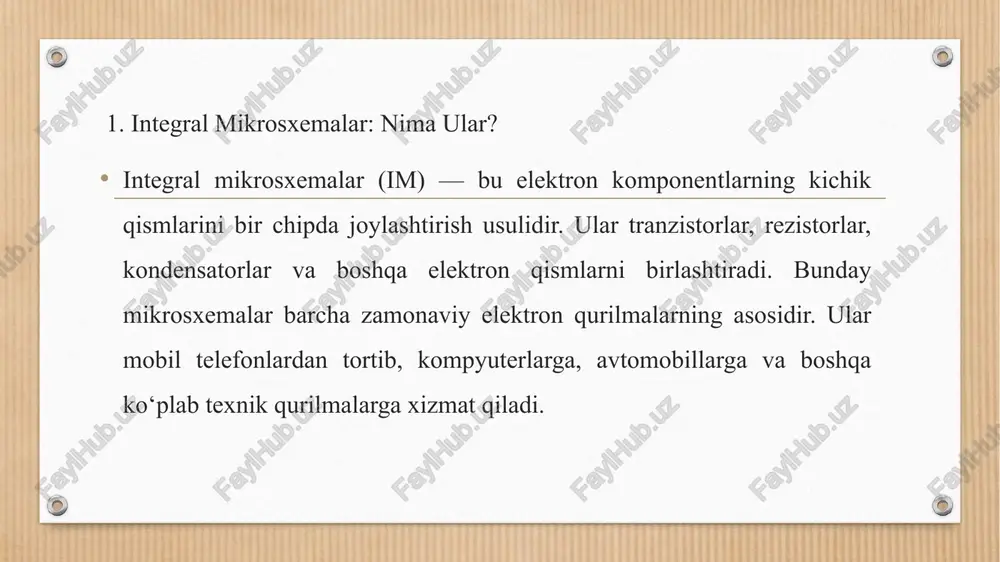 k, bu esa mikrosxemalarning yanada kuchli va samarali bo‘lishini talab qiladi. bundan tashqari, kvant hisoblash va 3d mikrosxemalar kabi yangi texnologiyalar imlarni yanada rivojlantiradi. 8. imlarning ijtimoiy va iqtisodiy ta’siri integral mikrosxemalar jamiyatimizning turli jabhalarida katta o‘zgarishlarga olib kelmoqda. ular: yangi ish o‘rinlarini yaratadi (masalan, mikrochip ishlab chiqarish va dizayn qilish). elektronika sanoatining rivojlanishiga turtki bo‘ladi. hayot sifatini yaxshilaydi (masalan, tibbiy qurilmalarda foydalanish). elektrotexnika va ayniqsa elektronika rivojlanib borar ekan, integral mikrosxemalarning ixtiro qilinishi zamonning inkor etib bo'lmas jiddiy talabiga aylanib bordi. deyarli bir vaqtning o'zida bir-biridan bexabar ikki muhandis ixtirochi - jek sent-kler kilbi (1923-2005) va robert norton noys (1927-1990) integral mikrosxemani ixtiro qilishgan. xulosa integral mikrosxemalar (im) zamonaviy texnikaning asosi hisoblanadi. ular nafaqat kompyuterlar va telefonlar, balki sanoat, tibbiyot, harbiy texnika, avtomobilsozlik, sun’iy intellekt va iot kabi sohalarda ham keng qo‘llanilmoqda. dastlabki oddiy mantiqiy elementlardan tortib, bugungi kunda millionlab tranzistorlarni o‘z ichiga olgan vlsi (very large scale integration) …