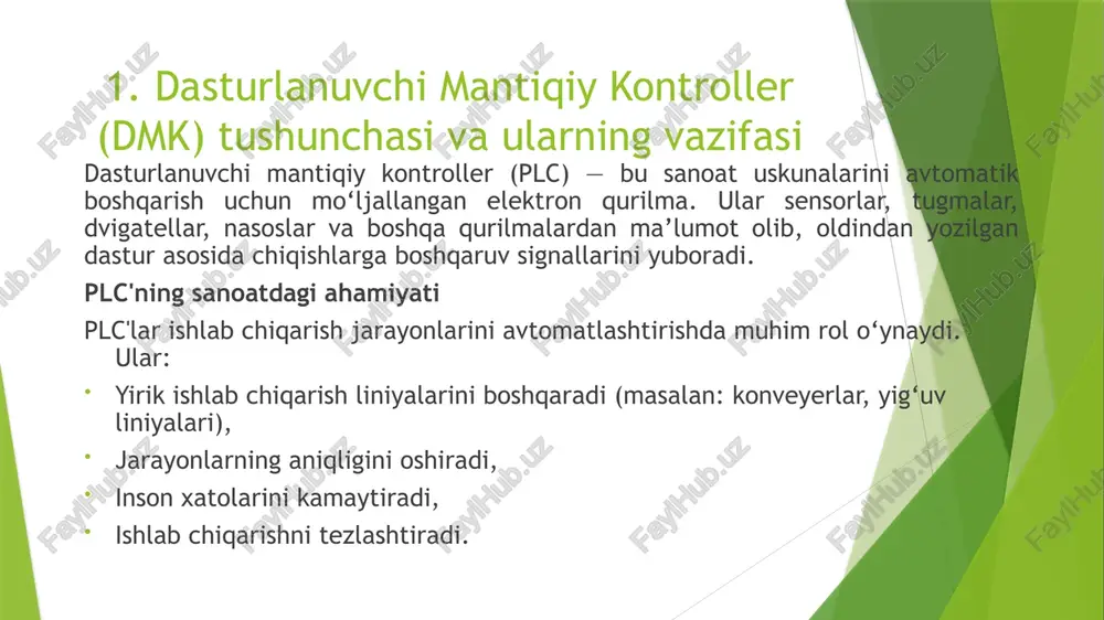 sining istiqbollari: iot (internet of things) bilan integratsiya: plc'lar endi internet orqali ma’lumot yuborishi va qabul qilishi mumkin. bulut texnologiyalari bilan bog‘lanish: plc ma’lumotlari real vaqtda internet orqali kuzatiladi va saqlanadi. sun’iy intellekt (ai) bilan uyg‘unlashuv: plc tizimlari aqlli qarorlar chiqarishda sun’iy intellekt algoritmlaridan foydalanadi. /docprops/thumbnail.jpeg