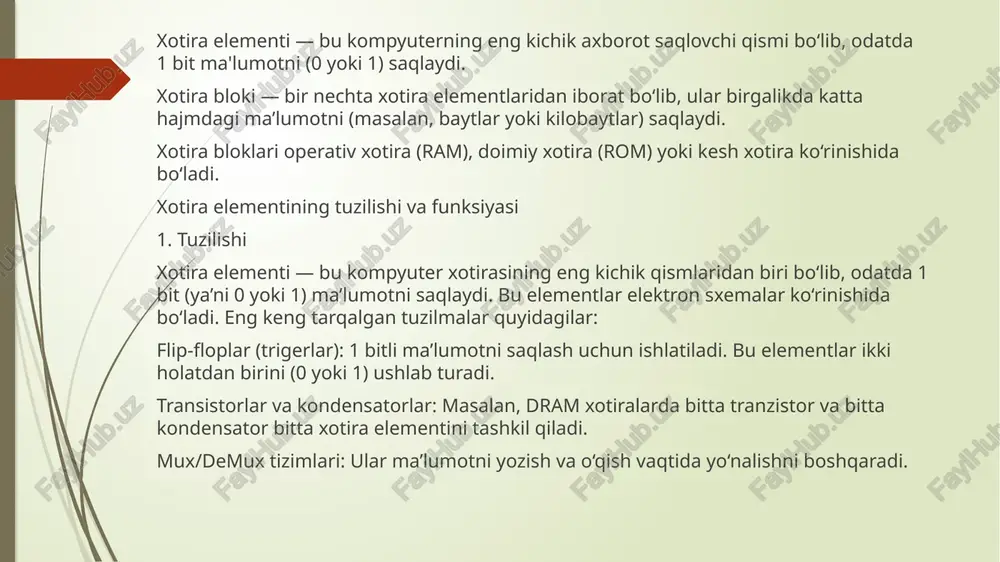 bo‘ladi, dastur avval uni topadi, so‘ng ma’lumotga murojaat qiladi. registr orqali adreslash adres maxsus registrda bo‘ladi, tezroq ishlaydi. nisbiy adreslash joriy adresga nisbatan ma’lumotga murojaat qilinadi (masalan, tsikl ishlaganda foydali). xulosa kompyuter tizimida xotira — ma'lumotlarni vaqtincha yoki doimiy saqlash, ularga tezda murojaat qilish va ularni boshqarishning asosiy manbai hisoblanadi. xotira tizimi ichki va tashqi xotira turlaridan tashkil topib, ularning har biri o‘z funksiyasiga ega. adreslash mexanizmi esa bu xotira ichidagi har bir yacheyka yoki blokka yagona manzil ajratish orqali protsessorga aniq ma’lumotga tezda murojaat qilish imkonini beradi. to‘g‘ri va samarali adreslash usullari kompyuter ishlash tezligi va samaradorligiga bevosita ta’sir ko‘rsatadi. zamonaviy kompyuterlar yuqori razryadli adres shinasi yordamida juda katta hajmdagi xotira manzillarini boshqarishga qodir. demak, xotira tizimi va adreslash mexanizmi — kompyuter texnologiyasining ajralmas, muhim tarkibiy qismi bo‘lib, ularning to‘g‘ri ishlashi butun tizimning samarali faoliyat yuritishini ta’minlaydi. image1.jpg image2.jpg image3.png /docprops/thumbnail.jpeg