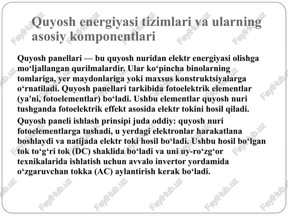 dan chiqishiga olib kelishi mumkin. kontrollerlar quyoshdan kelayotgan energiyani muvozanatda ushlab turadi. ular paneldan qancha energiya chiqayotganini, akkumulyator qanchalik to‘lgani yoki bo‘shayotganini doimiy kuzatib boradi. shuning uchun ham ularni tizimning “miyasi” deb atash mumkin. kontrollerlarning ikki asosiy turi mavjud: pwm (pulse width modulation) – bu oddiy kontroller turi bo‘lib, narxi arzonroq. u kuchlanishni sozlash orqali akkumulyatorni zaryadlaydi. ishlash prinsipi sodda, lekin samaradorligi pastroq. mppt (maximum power point tracking) – bu ancha zamonaviy va samarali kontroller turi. u quyosh panelidan maksimal quvvat olishga harakat qiladi. har doim eng optimal ishlash nuqtasini izlab turadi. bu turdagi kontrollerlar quyosh nuri kam bo‘lsa ham samarali ishlashga yordam beradi. umuman olganda, kontrollerlar yordamida quyosh tizimining barqaror va xavfsiz ishlashi ta’minlanadi. ayniqsa, akkumulyatorlar qimmat bo‘lganligi sababli ularni ortiqcha zaryad yoki tushishdan himoya qilish juda muhim. raqamli kontrollerlar va mikroprotsessorlar yordamida boshqaruv arduino, stm32, esp32 kabi mikroprotsessor platformalari quyosh nazorati uchun keng qo'llanma . bu platformalar yordamida …