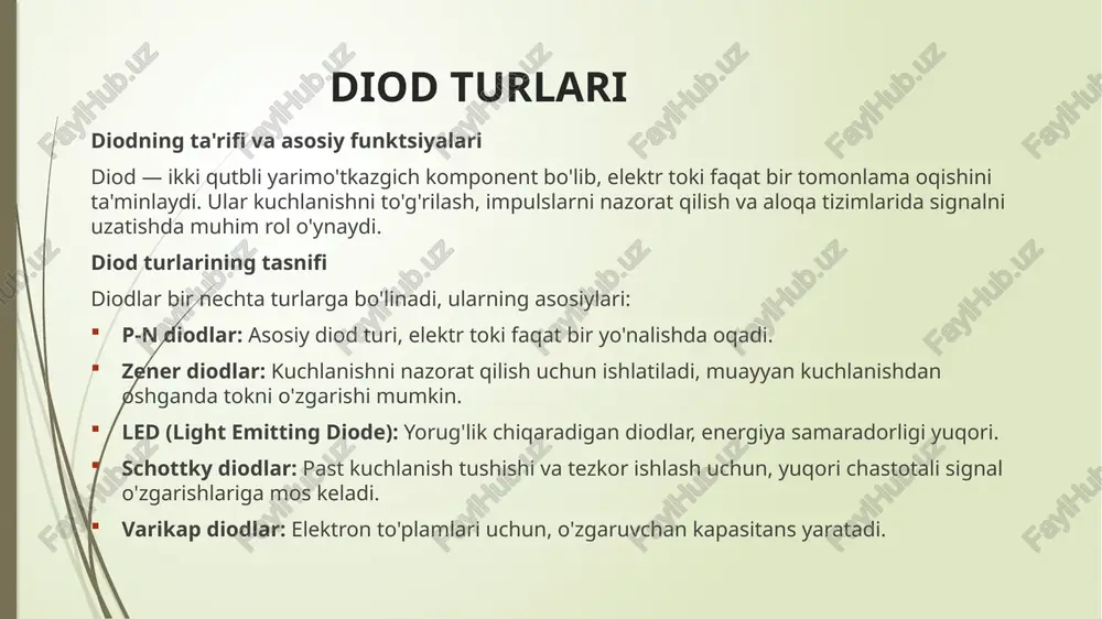 da muhimdir. varikaplar turlari p-n varikaplar: oddiy p-n o'tkazgichlardan iborat, bu varikaplar keng tarqalgan. junction varikaplar: har xil materiallardan yasaladi va yuqori chastotali qurilmalarda ishlatiladi. mos varikaplar (metal-oxide-semiconductor): o'zgaruvchan kapasitans yaratish uchun ishlatiladi, keng qamrovli integratsiyalashgan sxemalarda. varikaplarning qo'llanilishi analog sxemalarda: varikaplar radio va audio qurilmalarda chastotani nazorat qilishda ishlatiladi. kichik chastotali osilatorlarda: o'zgaruvchan sig'imi yordamida chastotani boshqaradi. kvantli mexanika va elektron qurilmalarda: yuqori tezlikda ma'lumotlarni uzatish va qabul qilish uchun. varikaplarning afzalliklari va kamchiliklari afzalliklari: tezkor javob va yuqori chastotali ishlash imkoniyati. kichik o'lcham va past energiya iste'moli. analog sxemalar uchun ideal moslama. kamchiliklari: kuchlanishning yuqori darajalari ta'sirida ishlashni cheklash. temperatura va muhit sharoitlariga nisbatan sezgirlik. mahsulot narxi va ishlab chiqarish murakkabligi. dinistorlar dinistorning ta'rifi va ishlash printsipi dinistor — yarimo'tkazgichlar toifasiga kiruvchi qurilma bo'lib, u kuchlanishni nazorat qilish va elektr tokini boshqarishda ishlatiladi. dinistorlar ikkita holatga ega: yoqilgan va o'chirilgan. ular kuchlanish belgilangan darajaga yetganda yoqiladi va tokni …