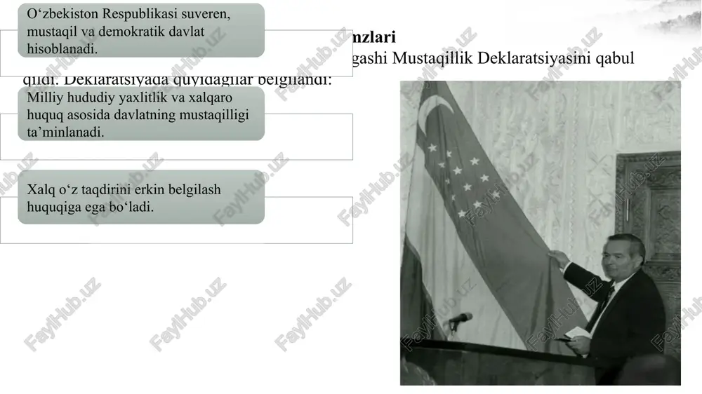 y jihatlar: davlat tuzilishi – suveren, demokratik va huquqiy davlat; fuqarolarning huquq va erkinliklari – har bir fuqaro teng huquqli, so‘z, din va siyosiy erkinliklarga ega; davlat organlari vazifalari – qonun chiqaruvchi, ijro etuvchi va sud hokimiyati mustaqil, bir-birini muvozanatlaydi; milliy ramzlar – bayroq, gerb va madhiyaning huquqiy maqomi mustahkamlangan. konstitutsiya o‘zbekistonning demokratik va huquqiy davlat sifatida rivojlanish yo‘lini belgilab, milliy mustaqillikni qonuniy kafolatga aylantirdi. shu bilan birga, u fuqarolarning huquqlari va erkinliklarini himoya qiluvchi asosiy hujjat sifatida xizmat qiladi. mustaqil o‘zbekiston respublikasi tashkil topishi xalqimiz tarixidagi eng muhim voqealardan biridir. 1991-yil 31-avgust – milliy birdamlik, suverenitet va davlat mustaqilligi ramzi sifatida tarixga kirdi. moskvadagi to‘ntarish urinishlari mustaqillik yo‘lini tezlashtirdi; milliy ramzlar va konstitutsiya suverenitetni mustahkamladi; milliy armiyaning tuzilishi davlat barqarorligini ta’minladi. mustaqillikning e’lon qilinishi va uni mustahkamlashdagi qonuniy va harbiy asoslar o‘zbekistonning mustaqil, demokratik va suveren davlat sifatida shakllanishida hal qiluvchi ahamiyat kasb etdi. xulosa o‘zbekiston respublikasining mustaqillikka erishishi …