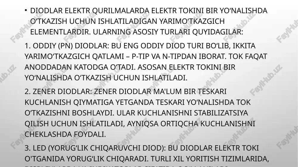 shga yordam beradi. bu diodlarning umumiy ishlash sohalaridan ayrimlari bo'lib, ular turli sanoat va kundalik hayotda keng qo'llaniladi. optik tolali aloqa: fotodiodlar optik tolali aloqa tizimlarida ishlatiladi, bu yerda yorug'lik impulslarini elektr signallariga aylantirib, yuqori tezlikdagi ma'lumot uzatish imkonini beradi.radiosignal uskunalari: diodlar signal uzatishda va qabul qilishda filtrlar, mikserlar va demodulyatorlar kabi elektron komponentlarda ishlatiladi. avtomobil sanoati: avtomobil faralari va signal chiroqlari: led diodlari avtomobil faralari, indikator chiroqlari va tormoz chiroqlarida keng qo'llaniladi, chunki ular uzoq muddat ishlaydi va energiyani tejaydi. diodlar zamonaviy texnologiya va kundalik hayotimizning ajralmas qismiga aylangan. ularning hayotimizdagi ahamiyati quyidagi yo‘nalishlarda seziladi: 1. yoritish tizimlarida:led chiroqlar energiyani tejash va uzoq muddat xizmat qilish imkonini beradi. uy yoritish tizimlari, ko'cha chiroqlari va transport vositalaridagi faralar diodlarning bu xususiyatidan foydalanadi. led yoritish elektr energiyasini ancha samarali ishlatgani uchun turmush tarzimizni yanada ekologik va iqtisodiy jihatdan foydali qiladi. 2. telekommunikatsiyada:diodlar, ayniqsa fotodiodlar, optik tolali aloqa tizimlarida yorug'lik signalini elektr …