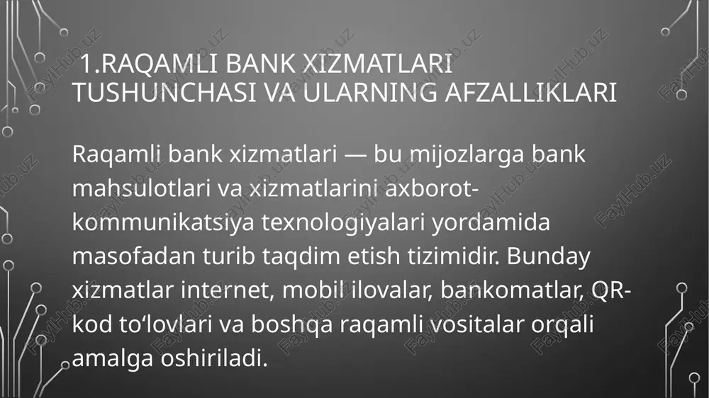 ning raqamli transformatsiyasiga zamin yaratmoqda. xulosa: raqamli bank xizmatlari va investitsion faoliyat bir-biri bilan uzviy bog‘liq bo‘lib, zamonaviy iqtisodiyotning ajralmas tarkibiy qismi hisoblanadi. raqamli texnologiyalar banklar uchun yangi imkoniyatlar yaratmoqda, investitsiyalar oqimini tezlashtirmoqda va moliyaviy xizmatlarning sifatini oshirmoqda. e’tiboringiz uchun raxmat image2.png image3.jpeg image4.jpeg image5.jpeg image6.jpg image7.jpeg /docprops/thumbnail.jpeg