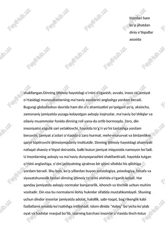 otgan axloqiy inqirozlar, ma’naviy bo‘shliqlar va oilaviy muammolar fonida dinning roli yana-da ortib bormoqda. zero, din insoniyatni ezgulik sari yetaklovchi, hayotda to‘g‘ri yo‘lni tanlashga yordam beruvchi, jamiyat a’zolari o‘rtasida o‘zaro hurmat, mehr-muruvvat va birdamlikni qaror toptiruvchi ijtimoiymadaniy institutdir. dinning ijtimoiy hayotdagi ahamiyati nafaqat shaxsiy e’tiqod doirasida, balki butun jamiyat miqyosida namoyon bo‘ladi. u insonlarning axloqiy va ma’naviy dunyoqarashini shakllantiradi, hayotda tutgan o‘rnini anglashiga, o‘zini jamiyatning ajralmas bir qismi sifatida his qilishiga yordam beradi. shu bois, ko‘p yillardan buyon sotsiologiya, psixologiya, falsafa va siyosatshunoslik fanlari dinning ijtimoiy ta’sirini alohida o‘rganib keladi. har qanday jamiyatda axloqiy normalar barqarorlik, ishonch va tinchlik uchun muhim vositadir. din esa bu normalarni ilohiy hukmlar sifatida mustahkamlaydi. shuning uchun dindor insonlar jamiyatda adolat, halollik, sabr-toqat, bag‘rikenglik kabi fazilatlarni amalda ko‘rsatishga intilishadi. islom dinida “axloq” bo‘yicha ko‘plab oyat va hadislar mavjud bo‘lib, ularning barchasi insonlar o‘rtasida tinch-totuv hayot tarzini shakllantirishga qaratilgan. xuddi shuningdek, xristianlikda ham “o‘n amr” asosida …