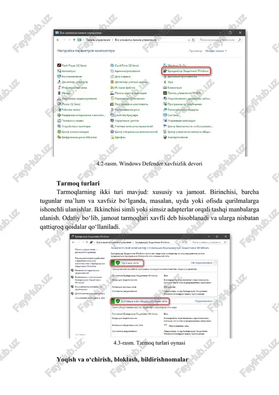 , bloklash, bildirishnomalar sozlamalar bo‘limidagi tegishli havolani bosish orqali xavfsizlik devorini faollashtirishingiz yoki o‘chirib qo‘yishingiz mumkin: 4.4-rasm. bildirishnomalar oynasi bu yerda kalitni kerakli joyga qo‘yish va ok tugmasini bosish kifoya. 4.5-rasm. xavfsizlik devorini sozlash bloklash barcha kiruvchi ulanishlarni taqiqlashni nazarda tutadi, ya’ni har qanday dastur, shu jumladan brauzer, tarmoqdan ma’lumotlarni yuklab ololmaydi. 4.6-rasm. xavfsizlik devorini sozlash bildirishnomalar shubhali dasturlarning internetga yoki mahalliy tarmoqqa kirishga urinishlarida paydo bo‘ladigan maxsus oynalardir. 4.7-rasm. bildirishnoma shubxali dastur yoki xabarni kurish mumkin funksiya belgilangan katakchalardagi katakchalarni olib tashlash orqali o‘chiriladi. 4.8-rasm. bildirishnomani yoqish “sozlamalarni tiklash” ushbu protsedura barcha foydalanuvchi qoidalarini olib tashlaydi va parametrlarni standart qiymatlarga olib keladi. 4.9-rasm. barcha qoidalarni olib tashlash oynasi qayta tiklash odatda xavfsizlik devori turli sabablarga ko‘ra ishlamay qolganda, shuningdek xavfsizlik sozlamalari bilan muvaffaqiyatsiz tajribalardan so‘ng amalga oshiriladi. shuni tushunish kerakki, “to‘g‘ri” variantlar ham tiklanadi, bu esa tarmoqqa ulanishni talab qiladigan dasturlarning ishlamay qolishiga olib kelishi mumkin. 4.10-rasm. ma’lumotlarni qayta …
