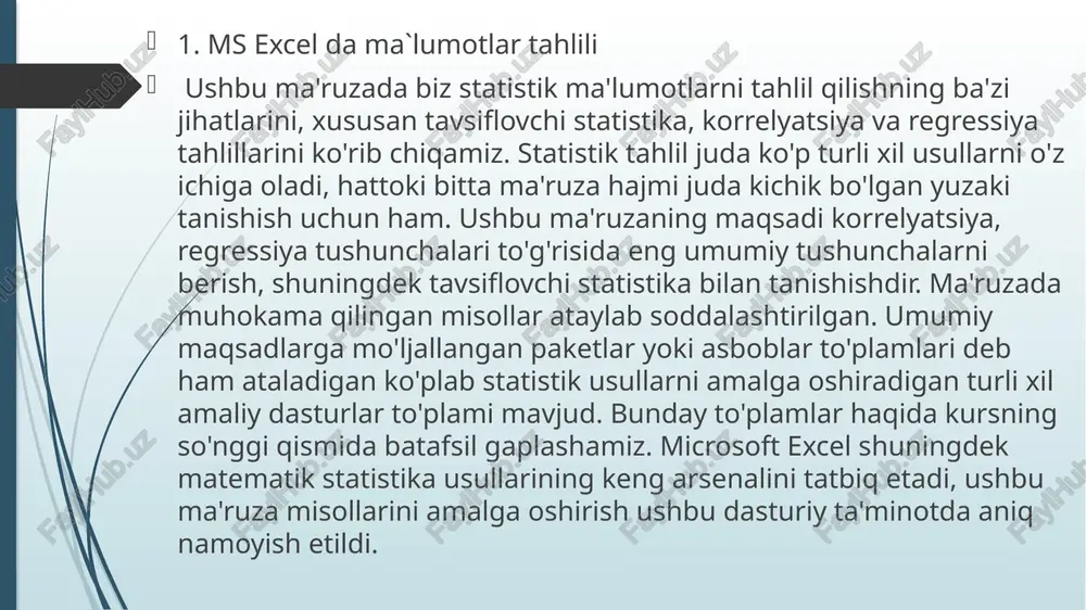 laydi 6. cos sonning kosinusini hisoblaydi 7. tan sonning tangensini hisoblaydi (radianda) 8. nod ikki va undan ortiq butun sonlarning eng katta umumiy bo‘luvchisini hisoblaydi 9. nok ikki va undan ortiq butun sonlarning eng kichik umumiy bo‘linuvchisini hisoblaydi 10. okrugl haqiqiy sonni yaxlitlaydi summ ikki va undan ortiq sonlarning yig‘indisini hisoblaydi 12. proizved ikki va undan ortiq sonlar ko‘paytmasini hisoblaydi 13. znak son manfiy bo‘lsa -1 ni, musbat bo‘sa 1 ni, nol bo‘lsa 0 ni chiqaradi 14. koren sonni kvadrat ildizini hisoblaydi markaziy tendentsiya. markaziy tendentsiyani o'lchash ma'lumotlar bazasidagi xarakteristikaning barcha qiymatlarini eng yaxshi tavsiflaydigan raqamni tanlashdir. ushbu raqamning afzalliklari ham, kamchiliklari ham bor. biz ushbu o'lchovning ikkita xususiyatini ko'rib chiqamiz, ya'ni o'rtacha va o'rtacha, biz keyingi ma'ruzalarda foydalanamiz. o'rtaning asosiy maqsadi - keyingi tahlil qilish, taqqoslash va taqqoslash uchun ma'lumotlar to'plamini taqdim etish. o'rtacha osonlik bilan hisoblab chiqiladi va undan keyingi tahlil uchun foydalanish mumkin. uni intervalli shkalada o'lchangan …