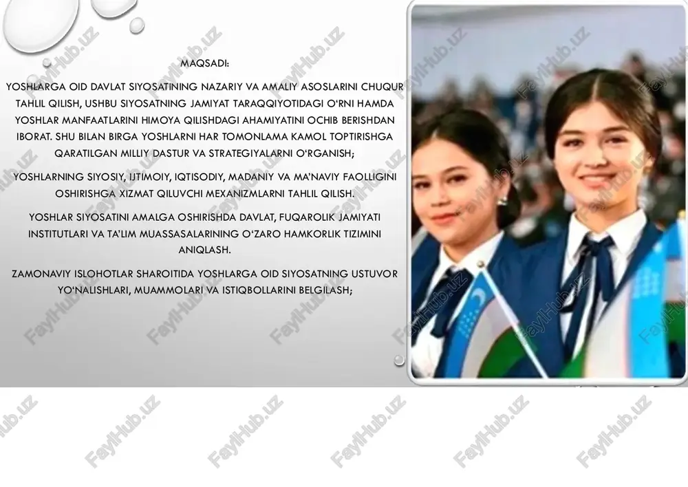 lari bo‘yicha maxsus imtiyozlar joriy etilgan. nogironligi bo‘lgan va kam ta’minlangan yoshlar uchun ijtimoiy qo‘llab-quvvatlash dasturlari amalga oshirilmoqda. xalqaro imkoniyatlar va global integratsiya. o‘zbekiston yoshlari xalqaro ta’lim dasturlarida, volontyorlik va startap loyihalarda faol ishtirok etmoqda. yunesko, bmt va boshqa xalqaro tashkilotlar bilan hamkorlikda yoshlar diplomatiyasi va innovatsion loyihalar amalga oshirilmoqda. yoshlar — kelajak poydevori yoshlar har qanday jamiyatning eng faol, bunyodkor va yangilikka intiluvchan qatlamidir. ular mamlakatning ertangi kuni, taraqqiyoti va barqaror rivojlanishining hal qiluvchi kuchidir. shu bois, har bir davlat o‘z kelajagini yoshlar bilan bog‘laydi. yoshlarning jamiyatdagi o‘rni va roli. bugungi kunda yosh avlod nafaqat ta’lim jarayonining ishtirokchisi, balki jamiyatning ijtimoiy, siyosiy, iqtisodiy hayotida faol subyekt sifatida namoyon bo‘lmoqda. ularning tafakkuri, yangicha dunyoqarashi va raqamli savodxonligi mamlakat taraqqiyotining harakatlantiruvchi kuchiga aylanmoqda. davlat siyosatida yoshlar masalasi o‘zbekiston respublikasida yoshlarga oid davlat siyosati davlat e’tiborining markazida turadi. “yoshlar siyosati to‘g‘risida”gi qonun, “yoshlar ishlari agentligi” faoliyati, “yoshlar daftari”, “yoshlar balansi”, “yoshlar tadbirkorligini …