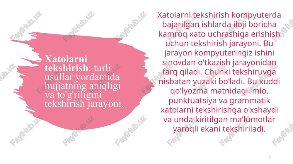 30 gacha sonlar kiritilishi kerakligini belgiladingiz. bu oraliqqa tegishli bo'lmagan sonni tasodifan kiritsangiz, tizim ma'lumotni qabul qilmaydi. demak, range check usuli xato qilishingiz ehtimolini kamaytiradi. ba'zan sizdan aniq raqamni kiritishingiz talab qilinadi. masalan, o'quvchining nazorat ishiga maksimal baho 30 ball qilib belgilangan, range check usuli 30 dan yuqori ball qo'yilmasligini nazorat qiladi. bir o'quvchingiz 12 ball olsa-yu, siz adashib 21 kiritgan bo'lsangiz, range check usuli o'quvchining bahosini o'zgartirib qo'ymaydi va 21 deb qabul qiladi. demak, validatsiya usullari tizimga noto'g'ri ma'lumotlar kiritish ehtimolini kamaytirishga yordam beradi, ammo kiritilgan ma'lumotlarning to'g'riligini kafolatlay olmaydi. 9 mavjudligini tekshirish presence check usuli biror ma'lumotni qoldirib ketmaslikni ta'minlaydi va kerakli ma'lumot kiritilmaguncha keyingi amallarni bajarishga imkon bermaydi. u ma'lumotning qiymati yoki turi to'g'riligidan qat'i nazar, ma'lumot kiritilganini tasdiqlaydi. bu validatsiya turi, masalan, elektron shaklni yuborishdan oldin sizning ruxsatingizni olish uchun foydalidir. ma'lumot turini tekshirish ma'lumotning raqamli, matnli, valyuta, sana, vaqt kabi turlari mavjud.type check usuli kiritilgan …