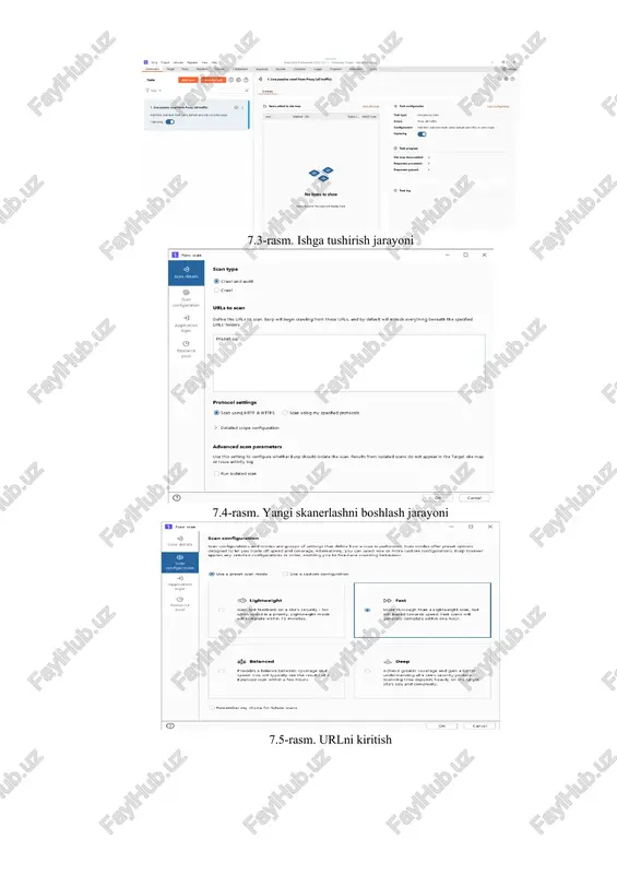 larni o‘z ichiga oladi. masalan, burp suite-da yangi nishonlarni qo‘shishingiz, ularni zaifliklar uchun skanerlashingiz, ushbu maqsadlar uchun olingan trafikni ko‘rishingiz va tahlil qilishingiz va boshqalar. 7.8-rasm. skanerlash natijalari 7.9-rasm. sayt xaritasi, barcha topilgan yo‘llar va ularning so‘rovlari 7.10-rasm. koʻzdan kechirish yoʻli – koʻproq xavf ostida boʻlgan yoʻllarda topilgan anomaliyalar rus tilidagi “proksi” odatda “proksi” deb tarjima qilinadi. burp suite-da proksi-server brauzeringiz va veb-ilova o‘rtasidagi trafikni ushlab turish va tahlil qilish imkonini beruvchi asosiy vositalardan biridir. burp suite proksi mijoz (brauzer) va server (veb ilova) o‘rtasidagi aloqani amalga oshirish uchun ishlatiladi, bu http/s so‘rovlari va javoblarini tahlil qilish va o‘zgartirish imkonini beradi. burp suite proksi-serveridan foydalanib, tahlil qilish va zaifliklarni tekshirish uchun brauzeringiz va veb-ilovangiz o‘rtasida yuborilgan so‘rovlar va javoblarni ushlab turishingiz mumkin. bu ko‘plab operatsiyalar uchun asosiy vosita, jumladan: 1. so‘rovlar va javoblarni ushlab turish. 2. so‘rovlar va javoblar mazmunini tahlil qilish. 3. xavfsizlik testi uchun so‘rovlar va javoblarni o‘zgartirish. …