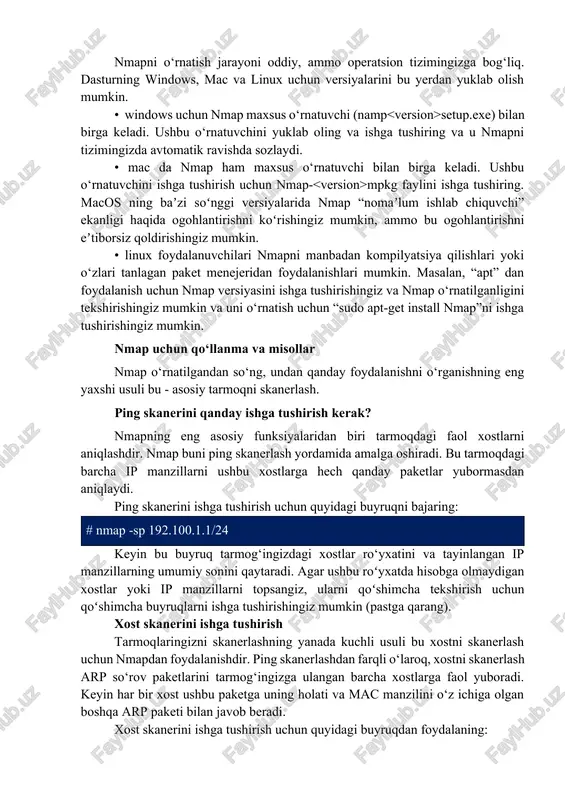 erfeyslari bilan tanishishingiz kerak. ko‘pgina ilg‘or foydalanuvchilar umumiy vazifalarni avtomatlashtirish uchun skriptlarni yozishlari mumkin, ammo bu asosiy tarmoq monitoringi uchun kerak emas. nmapni o‘rnatish nmapni o‘rnatish jarayoni oddiy, ammo operatsion tizimingizga bog‘liq. dasturning windows, mac va linux uchun versiyalarini bu yerdan yuklab olish mumkin. • windows uchun nmap maxsus o‘rnatuvchi (namp setup.exe) bilan birga keladi. ushbu o‘rnatuvchini yuklab oling va ishga tushiring va u nmapni tizimingizda avtomatik ravishda sozlaydi. • mac da nmap ham maxsus o‘rnatuvchi bilan birga keladi. ushbu o‘rnatuvchini ishga tushirish uchun nmap- mpkg faylini ishga tushiring. macos ning baʼzi soʻnggi versiyalarida nmap “nomaʼlum ishlab chiquvchi” ekanligi haqida ogohlantirishni koʻrishingiz mumkin, ammo bu ogohlantirishni eʼtiborsiz qoldirishingiz mumkin. • linux foydalanuvchilari nmapni manbadan kompilyatsiya qilishlari yoki o‘zlari tanlagan paket menejeridan foydalanishlari mumkin. masalan, “apt” dan foydalanish uchun nmap versiyasini ishga tushirishingiz va nmap o‘rnatilganligini tekshirishingiz mumkin va uni o‘rnatish uchun “sudo apt-get install nmap”ni ishga tushirishingiz mumkin. nmap uchun …