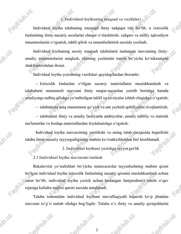 bilan birga ilmiy-tadqiqotning konsepsiyasini, uning asosiy g`oyalarini aniqlab beruvchi kengaytirilgan individual loyiha rejasini, tadqiq qilinadigan muammolar va masalalar doirasini va foydalanish mumkin manbalarni aniq belgilab olish maqsadga muvofiqdir. tahliliy-statistik, ilmiy-amaliy ma'lumotlarni yig‘ish, tartibga solish, tahlil qilish va umumlashtirish jarayonida individual loyiha rejasiga aniqlik kiritilishi yoki u o‘zgartirilishi mumkin. 3. individual loyihaga qo‘yiladigan asosiy talablar 3.1. individual loyihani shakllantirishga bo‘lgan talablar individual loyiha hajmi kompyuterda 1,5 intervalda yozilgan matnda 20-30 bet doirasida bo‘lishi kerak. individual loyiha uning rejasiga muvofiq alohida qismlarga (boblar va paragraflarga) bo‘linadi. bu qismlarning nomi lo‘nda bo‘lib, mazmuniga mos tushishi va matnga simmetriya ravishda bosh harflar bilan yozilishi lozim. betlar arab raqamlari bilan past-o‘rtadan raqamlanadi. individual loyiha quyidagi tarkibiy qismlarni o‘z ichiga oladi: 5 titul varog‘i; mundarija; kirish; individual loyihaning eng muhim masalalarini birlashtiruvchi asosiy qism; xulosa; foydalanilgan adabiyotlar ro‘yxati; ilovalar. individual loyiha matni a4 (210*297) formatli oq varaqning bir tomoniga quyidagi hoshiyalar o‘lchamiga rioya qilingan holda yoziladi: …