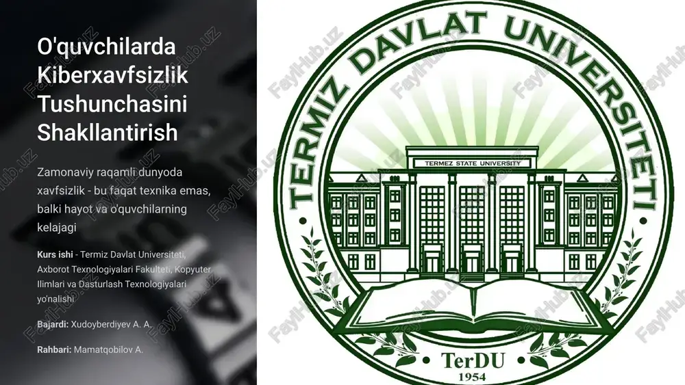 i birinchi himoya chizig'i. biroq, zaif parollar yoki noto'g'ri saqlangan parollar jiddiy xavf tug'diradi. hash funksiyalari - bu istalgan uzunlikdagi ma'lumotni qat'iy belgilangan uzunlikdagi belglar ketma-ketligiga aylantiradigan matematika algoritm. mashhur hash algoritmlari algoritm uzunlik status ishlatish md5 128 bit (32 hex) zaif fayl yaxlitligi sha-1 160 bit (40 hex) zaif eski tizimlar sha-256 256 bit (64 hex) xavfsiz zamonaviy tizimlar bcrypt o'zgaruvchan eng yaxshi parollar parol cracking texnikalari brute force barcha mumkin bo'lgan kombinatsiyalarni sinab ko'rish. 4 belgili oddiy parol md5 bilan 0.002 soniyada cracking mumkin. dictionary attack eng ko'p ishlatiladigan parollar ro'yxatini sinash. rockyou databreach dan 32 million parol ro'yxati mavjud. rainbow table oldindan hisoblab qo'yilgan hash jadvali. biroq, salt (tuz) ishlatilsa, rainbow table ishlamaydi. credential stuffing bir saytdan o'g'irlangan parollarni boshqa saytlarda sinab ko'rish. ko'p odamlar bir xil paroldan foydalangani uchun samarali. 8 social engineering: ijtimoiy muhandislik hujumlari social engineering - bu texnik zaifliklardan emas, balki insoniy psixologiyadan …