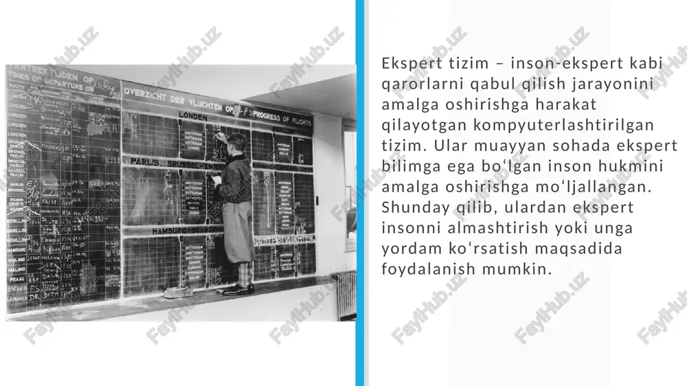 yuterning emas, inson shifokorning iliq munosabati va hamdardligi bemorning joniga oro kirishi mumkin. 6 milliy sogʻliqni saqlash xizmati (nhs) – birlashgan qirollikdagi tibbiyot tizimi hisoblanadi. nhs foydalanuvchilarga oʻzining kasallik simptomlari yoki xastaliklarini kiritish imkonini beruvchi va ehtimoliy diagnozni taqdim etuvchi veb saytga ega. bu insonga unda qanday ehtimoliy kasalliklar boʻlishi mumkinligini tushunishga yordam beradi. undan nhsdagi professionallar ham foydalanilishi mumkin. ular oʻzlari qoʻygan diagnozni ikki marta tekshirishi yoki tibbiy bilimlaridagi zaif nuqtalarda tizimdan yordam olishi mumkin. 7 ekspert tizimlardan koʻplab alohida shaxslar va tashkilotlar tomonidan turli maqsadlarda foydalaniladi. bular quyidagilardan iborat: • tibbiy diagnostika; • avtomobillar mexanik diagnostikasi; • shaxmat oʻynash; • moliyaviy maslahat berish; • kompyuter va printer bilan bogʻliq nosozliklarni bartaraf etish; • elementlarni, masalan, oʻsimliklar va qushlarni aniqlash; • telefon maʼlumotnomasi xizmatidan foydalanish 8 bu misol ham ekspert tizimlarga misol bo`la oladi. paketli qayta ishlash tizimi nima degani? paketli qayta ishlash tizimida maʼlumotlar bilan bajarish talab qilinadigan …