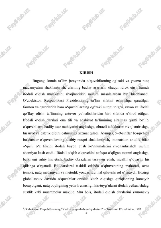 shining ahamiyati tayanch sinflarda ifodali o‘qish darslarini samarali tashkil etish o‘quvchilarning nutq, tafakkur va estetik idrok rivojiga bevosita ta’sir ko‘rsatadi. bu darslar orqali o‘quvchilar badiiy asarni nafaqat o‘qiydilar, balki uni his etish, muallif g‘oyasini anglash, qahramonlarning kechinmalarini his qilish kabi murakkab psixologik jarayonlarni ham o‘zlashtiradilar. ifodali o‘qish darslari o‘quvchilarda nutq madaniyatini shakllantirish, adabiy tahlil ko‘nikmalarini rivojlantirish, kitobxonlikka qiziqishni oshirish va o‘z fikrini ta’sirli ifoda etish kabi ko‘nikmalarni rivojlantirishda muhim ahamiyat kasb etadi. bu darslar o‘quvchini ijodiy fikrlashga, estetik zavq olishga, milliy qadriyatlarni anglashga undaydi. ifodali o‘qish jarayonida o‘quvchi tilning ohangdorligi, pauza, urg‘u va intonatsiyani to‘g‘ri qo‘llash orqali so‘zning badiiy kuchini his etadi. shu tariqa, ifodali o‘qish darslari o‘quvchilarda badiiy idrok, tahliliy fikrlash, emotsional sezgirlik va estetik dunyoqarashni shakllantiradi. mavzuning maqsadi tayanch sinflarda (5–9-sinflarda) ifodali o‘qish darslarini samarali tashkil etishning nazariy, metodik va amaliy asoslarini o‘rganish, o‘quvchilarda badiiy matnni anglash va uni ifodali o‘qish malakalarini shakllantirishga qaratilgan ilg‘or tajribalarni tahlil qilish …