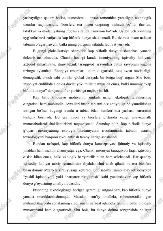 adi. bundan tashqari, kap biflotik dunyo kontsepsiyasi ijtimoiy va iqtisodiy jihatdan ham muhim ahamiyatga ega. chunki insoniyat taraqqiyoti faqat iqtisodiy o‘sish bilan emas, balki ekologik barqarorlik bilan ham o‘lchanadi. har qanday iqtisodiy faoliyat tabiiy resurslardan foydalanishni talab qiladi, bu esa biosfera bilan doimiy o‘zaro ta’sirni yuzaga keltiradi. shu sababli, zamonaviy iqtisodiyotda “yashil iqtisodiyot” yoki “barqaror rivojlanish” kabi yondashuvlar kap biflotik dunyo g‘oyasining amaliy ifodasidir. insonning texnologiyaga bo‘lgan qaramligi ortgani sari, kap biflotik dunyo yanada murakkablashmoqda. masalan, sun’iy intellekt, robototexnika, gen muhandisligi kabi sohalarning rivojlanishi nafaqat iqtisodiy tizimni, balki biologik muvozanatni ham o‘zgartiradi. shu bois, bu dunyo doimo o‘zgarishda bo‘lgan dinamik tizim sifatida qaraladi. unda inson faoliyati markaziy o‘rinda bo‘lsa-da, tabiat va texnologiya o‘zaro ta’sirda bo‘lgan teng huquqli elementlardir. kap biflotik dunyo tushunchasining mazmunini to‘liq anglash uchun uning falsafiy, ilmiy va amaliy tomonlarini birgalikda o‘rganish zarur. falsafa bu jarayonga ma’naviy-axloqiy mezon beradi, fan esa ilmiy asos yaratadi, amaliyot esa bu nazariy …