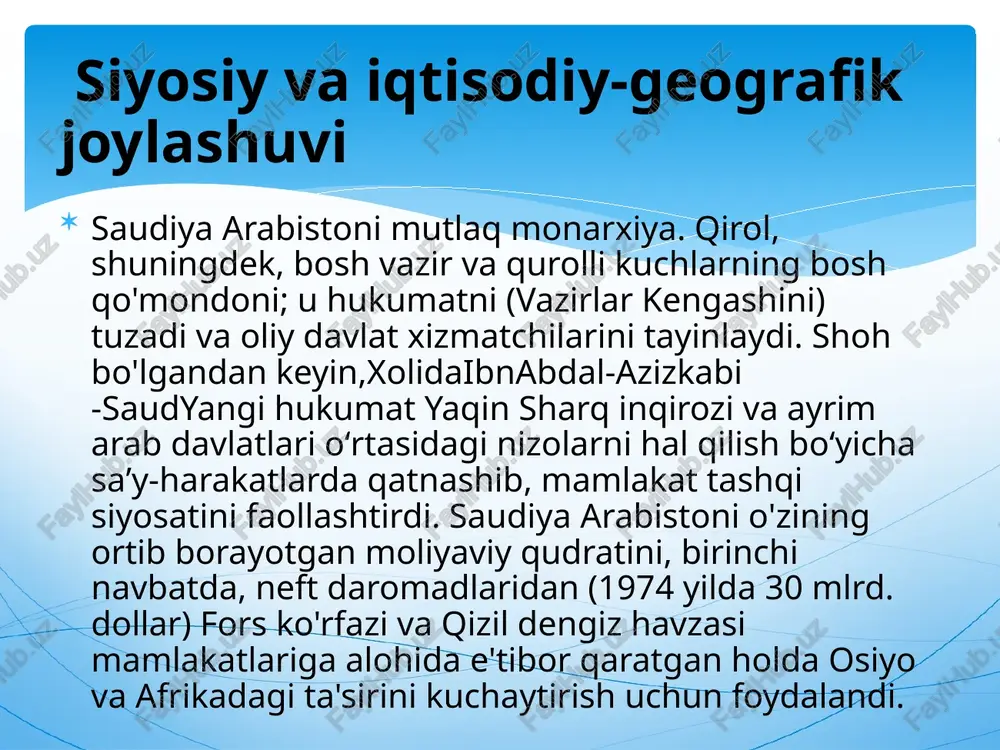 lgan, bu yerda arpa, bugʻdoy va xurmo ekiladi. vohalarda sabzavotchilik va mevachilik yaxshi rivojlangan. mamlakatda chorvachilik koʻchmanchi xoʻjalikdir. sohil aholisi dengizda baliq ovlash bilan shug'ullanadi.. qishloq xo'jaligi aholiaholisaudiya arabistoni tez o'sish va yosh aholi bilan ajralib turadi. aholisi 27,02 million kishi, shu jumladan chet elliklar 5,58 million kishi. tug'ilish koeffitsienti 29,56 (1000 kishiga), o'lim darajasi 2,62. 1960-yillargacha saudiya arabistonida asosan koʻchmanchilar yashagan. saudiya arabistoni aholisining katta qismini arablar tashkil etadi (saudiya arablari - 74,2%, badaviylar - 3,9%, fors ko'rfazi arablari - 3%), ular asosan qabila tarkibini saqlab qolgan. bundan tashqari, turli mamlakatlardan kelgan 7 million migrant bor. aholi din: saudiya arabistonining rasmiy va yagona dini islomdir. aholining aksariyati vahhobiylikni qabul qiladi. shialarning 15 foizi mamlakatning sharqiy viloyatlarida to‘plangan. saudiya hukumati boshqa din vakillarining mamlakatga kirishiga ruxsat beradi, ammo diniy ibodat qilish taqiqlanadi. din makka butun dunyodagi musulmonlar uchun muqaddas bo'lgan uchta shahardan biridir. bu muhammad payg'ambarning tug'ilgan joyi. madina payg'ambarning …