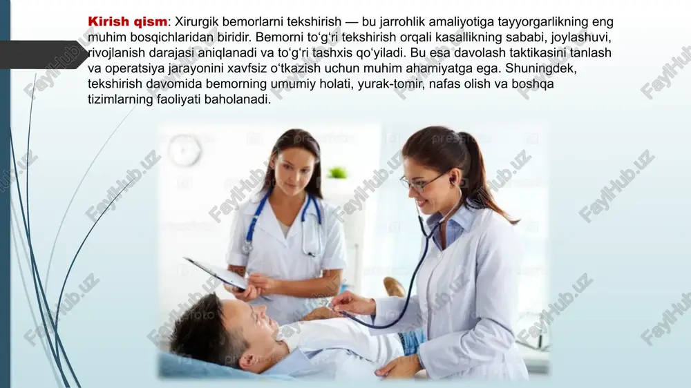 hamiyatini ilk marta nemis psixiatri gans berger aniqlagan (1929). elektromiografiya (emg, enmg, miografiya, elektroneuromiografiya) — (mio — mushaklar va … grafo — yozaman), biotoklarni oʻrganish, mushaklarning elektr faolligini qayd etish usuli[1]. (qarang. elektrofiziologiya) biotoklar — mushak tolalarini qoʻzgʻatish paytida odamlar va hayvonlarning skelet mushaklarida paydo boʻladigan potentsiallar. operatsiyadan oldingi davr –bu bemorni jarrohlik amaliyotiga tayyorlash bosqichi bo’lib ,tashxis qo’yilgan davrdan boshlab operatsiya boshlanguncha davom etadi bemorni operatsiyaga jismoniy va ruhiy jihatdan tayyorlash asoratlar xavfini kamaytirish operatsiyadan keying tiklanishni yengillashtirish tayyorlash yo’nalishlari 2 xil bo’ladi 1.umumiy 2. mahalliy xirurgik operatsiyalar muddatiga qarab bo’linadi 1.kechiktirib bo’lmaydigan(juda shoshilinch) yoki navbatdan tashqari operatsiya 2.zudlik bn qilinadigan operatsiya 3.rejali operatsiya kechiktirib bo‘lmaydigan (navbatdan tashqari) operatsiya ta’rifi: kechiktirib bo‘lmaydigan yoki navbatdan tashqari operatsiya — bu bemorning hayotini saqlab qolish uchun zudlik bilan bajarilishi zarur bo‘lgan jarrohlik amaliyotidir. bunday hollarda operatsiyani kechiktirish bemorning ahvoli og‘irlashishiga yoki o‘limga olib kelishi mumkin. kechiktirib bo‘lmaydigan operatsiyalarga misollar: qorin bo‘shlig‘iga qon …