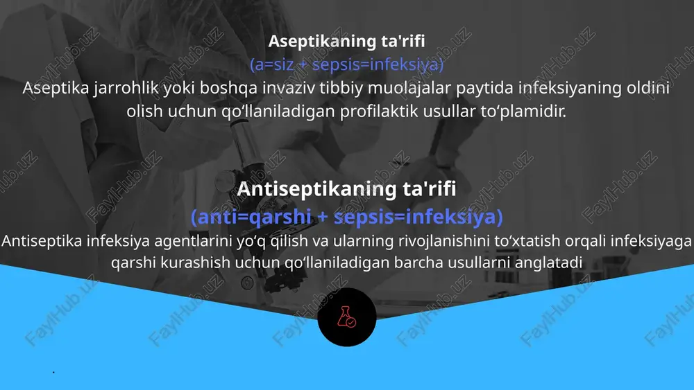 xirurgi dj. pringl (1750) taklif qilgan. lekin jaroxatlarning yiringlashi va chirish jarayonlari bilan kurash usullari juda xam oddiy bo’lgan. borcelle presentation page 1 lister antiseptikasi (1867) -1. operatsiya xonasiga karbol kislotasini eritmasini purkash. -2.asbob-uskunalarga, tiquv va bog’lov materiallariga karbol kislotasining 2-3% eritmasi bilan ishlov berish. -3. xirurg kuliga 2-3% li karbol kislotasining eritmasi bilan ishlov berish . -4. operatsiya maydoniga karbol kislotasining 3%li eritmasi bilan ishlov berish. -5. jaroxatga listerning maxsus bog’lamini quyish. borcelle presentation page 1 lister bog’lamining tarkibi -1. 5% li karbol kislotasi shimdirilgan ipak. -2. kanifol yoki parafin aralashtirlgan karbol kislotasi shimdirlgan sakkiz qavatli doka. -3. rezina shimdirlgan kog’oz (prorezinovannaya bumajnaya tkang’) yoki klenka. -4. bog’lamni 5% li karbol kislotasi shimdirlgan bint bilan bog’lash. presentation borcelle page 1 yoʻnalish antisepsis (kurash) asepsis (oldini olish) materiallar nanotexnologik antiseptiklar: bakteriyalarga qarshi kumush, mis yoki sink nanozarrachalar qoʻshilgan bogʻlov materiallari yaratilmoqda. . bioplyonkaga qarshi qoplamalar: implantatlar (masalan, sunʼiy boʻgʻimlar) sirtiga …