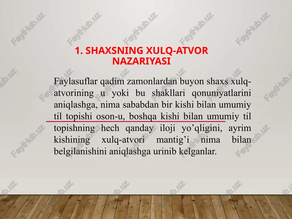 ytirishni hohlamaydi, do’stlariga sodiq va ularni ko’paytirish niyati ham yo’q, o’rganib qolgan sharoitida yaxshi faoliyat yuritadi va o’zgaruvchan muhitga moslashishi qiyin, shovqinni yoqtirmaydi, bir joyda o’tirib bajariladigan ishni ma’qul ko’radi. yangi odamlar bilan muloqotga kirishishi qiyin, lekin o’rnatilgan, aloqalarni saqlashga intiladi. saranjom sarishtali, tartibni yoqtiradi, intizomli, boshlagan ishini oxiriga yetkazishga harakat qiladi, tashkilotdagi an’analarga sodiq. quyidagi yarim hazil o’xshatish qarama-qarshi temperament tiplari tavsifini tushunishni yengillashtiradi: “… odatda urushni xolerik va sangviniklar olib boradilar, flegmatiklar esa vayronalarni tiklaydilar”. melanxolik – nozik didli, hissiyotga o’ta berilgan, uch ichki dunyosiga va kechinmalariga e’tiborli. bunday kimsalar orasida san’atga qobiliyatlilar ko’p uchraydi. ulardan ajoyib rassomlar, yozuvchi va shoirlar yetishib chiqadi. murakkab va nizoli vaziyatlarda harakati sust, tezkor vazifalarni hal etishda asabiylashadi va tez toliqadi. neyrotizm (n) melanxolik introversiya flegmatik hissiy barqarorlik xolerik ektraversiya (e) sangvinik y x shaxs temperamenti grafik tasvirining chizmasi “x” o’qi introversiya-ekstroversiyani ifodalovchi ballar soni, “y” o’qi bo’yicha esa hissiy barqarorlik-neyrotizmni ifodalovchi …
