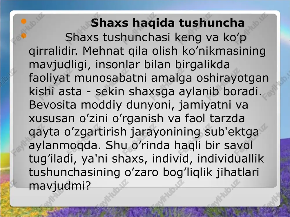 ona qornida oilada maktabgacha ta’limda boshlang‘ich ta’limda o‘rta maktabda o‘mkhtda oliy ta’limda oliy o‘quv yurtidan keyingi faoliyatda ijtimoiy normalar, sanksiyalar va shaxs. ijtimoiy norma — shaxs hayotida shunday kategoriyaki, u jamiyatning o’z a’zolari xulq-atvoriga nisbatan ishlab chiqqan va ko’pchilik tomonidan e’tirof etilgan xarakatlar talablaridir. masalan, o’zbeklar uchun biror xonaga kirib kelgan insonning kim bo’lishidan qat’iy nazar, «assalomu alaykum» deb kelishi — norma; o’quvchining o’qituvchi bergan topshiriqlarni bajarishi lozimligi — norma; xotinning er hurmatini o’rniga qo’yishi, qaynonaga gap qaytarmaslik — norma; avtobusda yoki boshqa jamoat transportida kichikning kattalarga, nogironlarga o’rin bo’shatishi — norma va hokazo. ijtimoiy sanksiyalar - normalarning shaxs xulqida namoyon bo’lishini nazorat qiluvchi jazo va rag’batlantirish mexanizmlari bo’lib, ularning borligi tufayli biz har bir alohida vaziyatlarda ijtimoiy xulq normalarini buzmaslikka, jamoatchilikning salbiy fikri obyektiga aylanib qolmaslikka harakat qilamiz. ijtimoiy ta’sirlarning shaxs tomonidan anglanishi. «men» — obrazi va o’zini-o’zi baholash. ijtimoiy normalar, sanksiyalar, rollar ijtimoiy mexanizmlar sifatida shaxs xulq-atvorini malum …