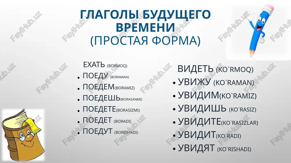 go vremeni (slojnaya forma) budu znat budem znat budesh znat budete znat budet znat budut znat 4. v chyom sxodstvo slojnoy formi budushego vremeni s prostoy? glagol bit izmenyaetsya po litsam i chislam i imeet takie je okonchaniya, kak i glagoli budushego vremeni prostoy formi vid budushee vremya prostoe slojnoe nesovershenniy – budu pisat sovershenniy napishu – 1.kot greetsya na teplom solnishke. 2.yulya budet virezat elochku iz zelenoy bumagi. 3.tyomnaya tucha nadvinulas na solntse. 4.sin sigraet s ottsom v shaxmati. solovey poyot na vetke berezi. 5.redkie snejinki medlenno zakrujilis v vozduxe. 6.skoro nasha rechka zamerznet. 7.posle teplogo dojdya gribi v lesu budut rasti odin za odnim. opredelim vremena glagolov v sleduyushix predlojeniyax. uprajnenie ti (chitat) gazeti? prepodavatel (ob'yasnyat) urok. studenti (slushat). zavtra mi (pisat) diktant. vecherom oni (smotret) televizor. ti (izuchat) russkiy yazik? alisher toje (izuchat) russkiy yazik? vi (zanimatsya?) zadanie raskrit skobki i postavit glagoli v nastoyashee i budushee …