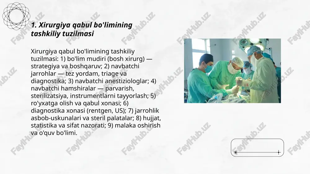 a favqulodda vaziyatlarni boshqarish xirurgiya qabul bo‘limida zudlik bilan yordam va favqulodda vaziyatlar boshqaruvi: 1) tezkor triaj va darajani aniqlash; 2) abc—nafas olish, qon aylanishi, bezovtalikni bartaraf etish; 3) stabilizatsiya, iv yo‘lak, antibiotik, analgetik; 4) tezkor diagnostika: rentgen, ultratovush, laborator tekshiruvlar; 5) qon zaxirasi va operatsiya xonasiga muvofiqlashtirish; 6) reanimatsiya jamoasi, protokollar va hujjatlashtirish; 7) oilani xabardor qilish va bemorni yuqori darajadagi markazga ko‘chirish yo‘riqnomalari. ... t.me/slaydai_bot reanimatsiya va jonlantirish xizmatlari bilan integratsiya uchun 24/7 tezkor aloqa liniyasi va aniq protokollar ishlab chiqiladi. bemorni topshirish uchun standartizatsiyalangan transfer forma va 1 sahifalik ma'lumotlar topshiruvi mavjud. qoʻshma treninglar 4 haftada 1 martadan kam bo‘lmasligi kerak. operatsiyadan keyingi icu joylari rezervi va transport guruhlari belgilanishi lozim. monitorlash maʼlumotlari va elektron hujjatlar real vaqtda ulashiladi. favqulodda kodlar va infektsiya nazorati protokollari yagona tartibga keltiriladi. xirurgiya qabul bo'limi tuzilmasi, vazifalari va uning ishini tashkil etish asilbek abdullayev e'tiboringiz uchun raxmat! image1.png image2.png image3.png image4.jpg …