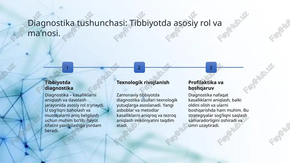 ish mumkin, bu esa diagnostika jarayonini samarali va kam xatolik bilan amalga oshirish imkonini beradi. 3 yangi imkoniyatlar sun’iy intellekt va katta ma’lumotlar yordamida individual davolash rejalari ishlab chiqiladi, bu esa bemorlarning sog’lig’ini yaxshilash va muolajalarni shaxsiylashtirishga xizmat qiladi. zamonaviy diagnostik asboblar va ularning tibbiyotdagi yangiliklarga ta'siri 1 yangi texnologiyalar - zamonaviy diagnostik asboblar, yuqori aniqlik va tezlik bilan kasalliklarni aniqlash imkonini beradi, shuningdek, davolash jarayonini optimallashtiradi. 2 sensor va qurilmalar - zamonaviy sensorlar va tibbiy qurilmalar, biologik ma'lumotlarni real vaqt rejimida to'plashda muhim rol o'ynaydi, bu esa shifokorlarga aniqroq qaror qabul qilish imkonini beradi. 3 imkoniyatlarni kengaytirish - innovatsion asboblar, masalan, 3d-ultratovuz va molekulyar diagnostika, ilg'or tibbiy tadqiqotlar va shaxsiylashtirilgan davolash usullarini rivojlantiradi. 4 tibbiyotda integratsiya - zamonaviy diagnostik asboblar, kompyuter texnologiyalari bilan birlashtirilgan holda, tibbiyotda innovatsiyalarni rivojlantiradi va bemor xavfsizligini oshiradi. meditsina sohasida ilg'or texnologiyalar va diagnostika usullarining rivojlanishi 1 yangi texnologiyalar - zamonaviy tibbiyotda ilg‘or texnologiyalar, diagnostika …