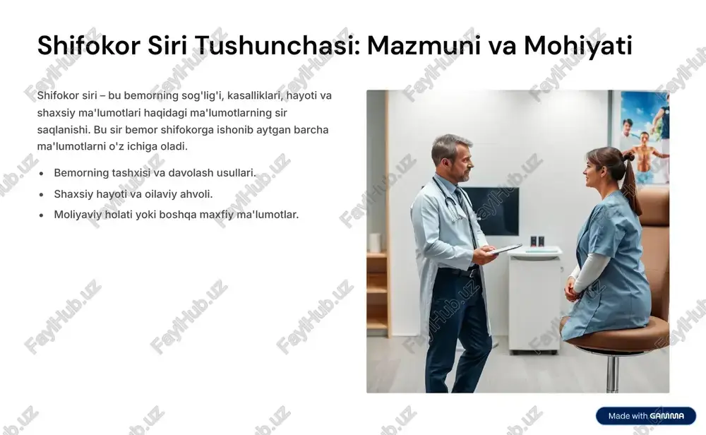 imining obro'sini himoya qiladi. ishonchni qadrlang: bemorlar sizga o'z hayotlarining eng nozik qirralarini ishonib topshiradilar. qonuniy talablarga rioya qiling: har doim qonunchilik va ichki tartiblarni yodda tuting. axloqiy mulohaza yuring: dilemmali vaziyatlarda doimo bemorning manfaatini ustun qo'ying. https://gamma.app/?utm_source=made-with-gamma