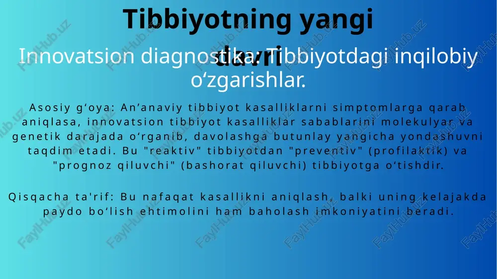 lmoqda. innovatsion diagnostikaning tibbiyotga ta'siri innovatsion diagnostika yordamida har bir insonning sog‘lig‘i uchun individual xavflarni baholab, unga mos ravishda turmush tarzi va parhez bo‘yicha tavsiyalar berish mumkin. profilaktika: "kasallikni davolashdan ko‘ra uning oldini olish afzal" aniqlik va samaradorlik: noto‘g‘ri tashxis ehtimoli kamayadi. davolash rejalari yuqori aniqlik bilan tuziladi, bu esa resurslarni tejaydi va bemorning sog‘ayishini tezlashtiradi. kelajak: "hujayra darajasida aniqlash" kelajakda diagnostika yanada mikro darajaga tushib, bitta hujayraning holatini baholashga imkon berishi kutilmoqda. innovatsion diagnostika — bu shunchaki texnologik yangilik emas, balki butun tibbiy xizmat modelini o‘zgartiruvchi kuch. u tibbiyotni "umumiy" yondashuvdan "shaxsiylashtirilgan" va "prognoz qiluvchi" yondashuvga o‘tkazib, inson salomatligini saqlashda yangi bosqichni boshlab beradi. bu texnologiyalar bemorlar va shifokorlar uchun yangi imkoniyatlar yaratadi. image1.png image3.png image5.png image7.png image9.png image11.png image13.jpeg image14.jpeg image15.jpeg image16.jpeg image17.jpeg image18.jpeg image19.jpeg image20.jpeg image21.jpeg image22.jpeg