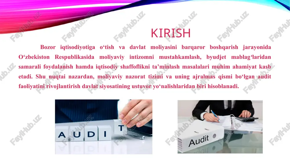 da so‘nggi yillarda audit tizimi sezilarli darajada rivojlanib, davlat moliyaviy nazoratining sifat jihatdan yangi bosqichiga o‘tganini kuzatish mumkin. 2025-yil holatiga ko‘ra, mamlakatda 140 ta audit tashkiloti faoliyat yuritmoqda, auditorlar soni esa 1 000 dan ortiqni tashkil etadi. hisob palatasi va moliya vazirligi ma’lumotlariga ko‘ra, 2025-yilning birinchi yarmida o‘tkazilgan auditlar natijasida 5,6 trillion so‘m byudjet mablag‘i tejab qolingan, bu esa auditning amaliy samaradorligini yaqqol ko‘rsatadi. foydalanilgan adabiyotlar: 1. oʻzbekiston respublikasi konstitutsiyasi. — toshkent: oʻzbekiston, 2023. 2. oʻzbekiston respublikasining “audit faoliyati toʻgʻrisida”gi qonuni (yangi tahrir) — 2021-yil 25-fevral, №zru–674. 3. oʻzbekiston respublikasi prezidentining “davlat moliyaviy nazorat tizimini yanada takomillashtirish chora-tadbirlari toʻgʻrisida”gi farmoni — 2020-yil 24-avgust, №pf–6061. 4. oʻzbekiston respublikasi prezidentining “hisob palatasi faoliyatini takomillashtirish toʻgʻrisida”gi farmoni — 2021-yil 9-aprel, №pf–6207. 5. oʻzbekiston respublikasi vazirlar mahkamasining “davlat sektorida ichki audit xizmatlarini tashkil etish tartibi toʻgʻrisida”gi qarori — 2019-yil 12-iyun, № 470. image2.png image3.jpeg image4.jpeg image5.jpeg image6.png image7.jpeg image8.jpeg image9.png image10.png image1.png /docprops/thumbnail.jpeg