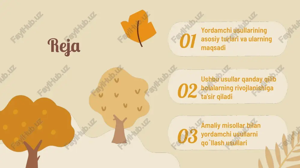 ish va ijtimoiy munosabatlarni rivojlantirishga qaratilgan. bu yordamchi usul psixologik rivojlanishni tezlashtiradi. yordamchi usullarni bolalar bilan ishlashda qo`llash yordamchi usullarni amaliyotda qo`llashda, har bir usulning aniq misollar bilan qo`llanishi muhim. masalan, o'yin terapiyasida bolalar bilan muloqot uchun o'yinlar va jismoniy faoliyatlar yordam beradi, ularning ruhiy holatini yaxshilaydi. har bir yordamchi usul bolalar psixologiyasiga turli ta'sir ko'rsatadi. masalan, musiqa terapiyasi his-tuyg'ularni ifoda etish va stressni kamaytirishga yordam beradi, bu esa umumiy rivojlanish uchun muhimdir. amaliy misollar orqali yordamchi usullarni muvaffaqiyatli qo`llash uchun individual ehtiyojlarni hisobga olish, to'g'ri usulni tanlash va doimiy muloqot qilish zarur. masalan, o'yinlar orqali ijtimoiy ko'nikmalarni rivojlantirish mumkin. xulosa yordamchi usullar bolalar psixologiyasida muhim rol o‘ynaydi, ularning ta'rifi va turlari bilan tanishdik. o'yin, san'at va boshqa usullar bolalarning rivojlanishiga ijobiy ta'sir ko‘rsatadi. bu usullar yordamida bolalarda hissiy, ijtimoiy va kognitiv rivojlanish jarayonlarini qo‘llab-quvvatlash mumkin. yordamchi usullarni to‘g‘ri baholash va samaradorligini oshirish muhim bo‘lib, ular bilan to‘g‘ri ishlash bolalar …