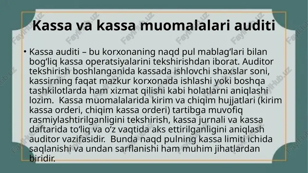 lari baholanadi. xatoliklar va tahlil qilish natijalari audit jarayonida aniqlangan xatoliklar, buzilishlar — kassada naqd pulni noto‘g‘ri saqlash, hujjatlarni noto‘liq rasmiylashtirish, schyotlar bo‘yicha hisobotlarda jiddiy farqliliklar — auditor tomonidan tahlil qilinadi. auditor xulosa chiqaradi va korxona rahbariyatiga hisobot keltiradi. hisobotda tavsiyalar, tuzatishlar va nazorat mexanizmlarini takomillashtirish yo‘llari beriladi. shu bilan korxonaning kassa operatsiyalari yanada nazorat ostida bo‘ladi. auditdan keyingi nazorat audit tugagach, korxona tomonidan tavsiyalar bajarilishini nazorat qilish zarur. kassa operatsiyalarini yuritishda ichki nazorat tizimini yaratish, hujjatlar aylanishini tartibga solish, kassirlarning mas’uliyatini oshirish lozim. auditor tavsiyanomada ko‘rsatilgan jihatlar bo‘yicha monitoring yuritadi va keyingi auditda taqqoslash qiladi. shunday qilib, kassa muomalalari auditi faqat tekshirish bilan tugamay, uzoq muddatli takomillashtirish jarayoniga aylanadi. bunday yondashuv korxonani moliyaviy xavflardan himoya qiladi va moliyaviy hisobotlarning ishonchliligini oshiradi. image1.jpeg image2.jpeg image3.jpeg image4.jpeg image5.jpeg image6.jpeg /docprops/thumbnail.jpeg