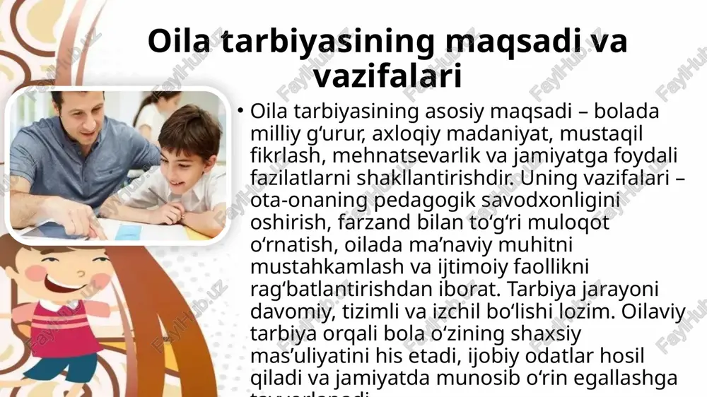 jarayonida faol ishtirok etib, pedagoglar bilan muntazam aloqada bo‘lishlari kerak. oila-maktab hamkorligi orqali tarbiya jarayonida bir xil talab va yondashuvlar shakllanadi. sinf ota-onalar yig‘inlari, maslahatlar, oila kunlari va pedagogik seminarlar bu hamkorlikni mustahkamlaydi. bola maktabda olgan bilim va odatlarni oilada davom ettirganida, tarbiya izchil, samarali va barqaror natija beradi. oila tarbiyasida milliy qadriyatlarning o‘rni milliy qadriyatlar oila tarbiyasining ma’naviy asosidir. o‘zbek xalqining mehmondo‘stlik, kattalarga hurmat, bolalarga mehr, vatanparvarlik kabi qadriyatlari tarbiya mazmunining markazida turadi. farzandga qadriyatlar orqali nafaqat axloqiy, balki estetik va fuqarolik tarbiyasi ham beriladi. ota-onalar milliy urf-odatlarni kundalik hayotda qo‘llab, farzandda o‘z xalqiga sadoqat, madaniyat va milliy iftixorni shakllantiradilar. shunday qilib, milliy qadriyatlar oilaviy tarbiya tizimining ajralmas qismiga aylanadi. oila tarbiyasida zamonaviy yondashuvlar bugungi kunda oila tarbiyasiga zamonaviy pedagogik va psixologik yondashuvlar joriy qilinmoqda. masalan, shaxsga yo‘naltirilgan tarbiya, ijtimoiy-emosional ta’lim, axborot texnologiyalari orqali o‘qitish kabi usullar oilaviy muhitga kirib kelmoqda. har bir farzandning shaxsiy qiziqishi, temperament va iqtidorini …