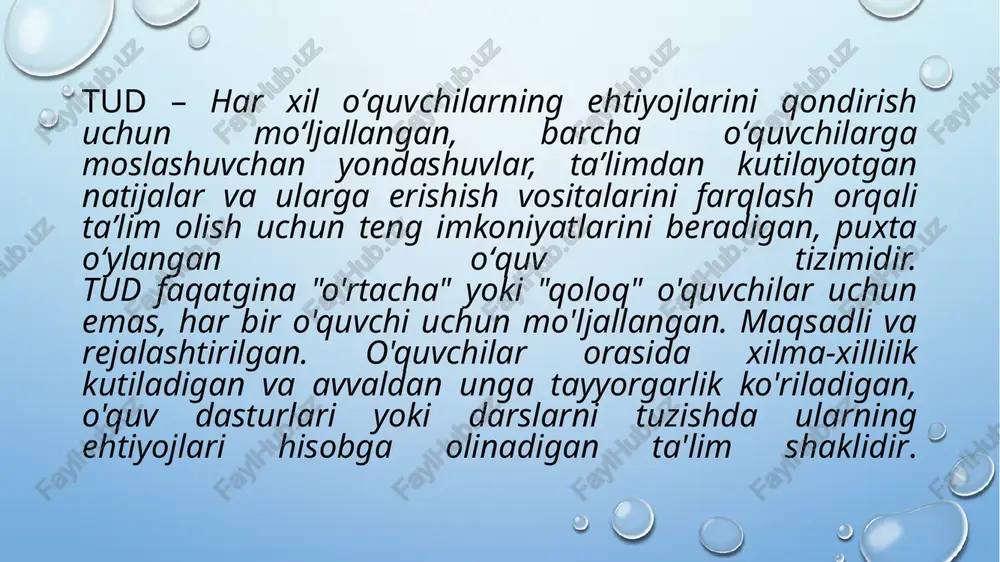 sadlar va yondashuvlar o'quvchining o'rganish jarayonida o'zini o'rganish, maqsadlarga erishish va bilimlarni o'zlashtirishlari uchun qadam qo'yishga yordam beradi. 3. individual ta'limiy dastur va bosqichlar: o'quvchilarning o'rganish jarayonlarida individual ta'limiy dastur va bosqichlar o'quv materiallarini qanday o'rganishlari, qanday amaliyotlarni bajarishlari, va qanday mustaqil o'rganishlarini belgilashda yordam bermoqda muhimdir. 4. individual o'quv va yordamchi materiallar: har bir o'quvchi uchun o'ziga xos ta'limiy matnlar, yordamchi materiallari, va boshqa vositalar tuzilishi va taklif etilishi lozimdir. bu, o'quvchilarning boshqa o'quvchilardan farqli talablarga qanday qilib javob bera olishlari, o'zlarini o'rganishlari va rivojlantirishlari uchun juda muhimdir. 5. dinamik va monitoring: individual ta'limiy rejalar davomida o'quvchilar progressini kuzatib borish, ularning o'rganish jarayonida maqsadlarga erishishlari, muammolarini hal qilishlari va qo'llab-quvvatlashlarini ta'minlash uchun monitoring tizimi qurish muhimdir. bu, o'quvchilarning o'rganish jarayonida xilma-xilliklarini hisobga oluvchi yondashuvdir. individual ta'lim dasturi o'qituvchi sinf rejalari bilan birgalikda foydalaniladigan istisno o'quvchilar uchun uzoq masofali (yillik) rejalashtirish hujjatidir. har bir talabaning ilmiy dasturda e'tirof etilishi va …