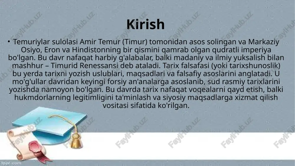 ik va xarizmatik hokimiyat falsafasi rivojlangan. falsafiy yondashuvlar ibn xaldun temur bilan uchrashuvi haqida avtobiografik qismida yozgan, bu ikki shaxsning tarix va jamiyat haqidagi suhbatlarini aks ettirgan. ibn xaldun tarix falsafasida tsiklik nazariyani ishlab chiqqan, bu temur imperiyasining bosqinlariga mos kelgan. temuriylar "sahib-qiron" (yulduzlar birikmasi egasi) obrazini rivojlantirgan, bu faylasuf-podshohlikning o'ziga xos shakli bo'lgan. ibn xaldun "muqaddima" da tarixni ilmiy yondashuv bilan tushuntirgan, bu temurga ta'sir qilgan. u temurni buyuk mo'g'ul rahbari deb hisoblagan. ibn xaldun tarix falsafasida metafizik g'oyalarni tanqid qilgan, bu temurid tarixshunosligiga ta'sir qilgan. madaniy va ilmiy kontekst timurid renessansi 15-asrda cho'qqisiga chiqib, san'at, arxitektura va falsafani rivojlantirgan. tarix falsafasi bu kontekstda islomiy ideallarga asoslangan bo'lib, nomad va shahar jamiyatlarini birlashtirgan. temur va vorislarining kutubxonalari (masalan, samarqandda) tarixiy asarlarni saqlash va o'rganishga yordam bergan. madaniy va ilmiy kontekst temuriylar davrida san'at va arxitektura yutuqlari, masalan, shiraz, tabriz va hirotdagi miniatyura maktablari rivojlangan, behzod kabi rassomlar faoliyat yuritgan. …
