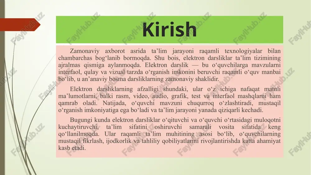 ik asoslarga tayangan holda yaratiladi. bunda zamonaviy dasturiy vositalar — powerpoint, moodle, adobe captivate, ispring, geogebra, articulate kabi platformalar yordamida darsliklar ishlab chiqiladi. ular multimedia elementlarini (matn, grafika, ovoz, video, animatsiya) uyg‘unlashtirish imkonini beradi. to‘rtinchidan, elektron darslik dizayni soddaligi, qulayligi va estetik jihatdan chiroyli bo‘lishi kerak. interfeys (foydalanuvchi oynasi) o‘quvchi uchun tushunarli va foydalanish jihatidan oson bo‘lishi zarur. har bir bo‘lim oson topiladigan menyular, izlanish tizimi va o‘zaro bog‘liq havolalar bilan ta’minlanadi. shuningdek, elektron darslikni yaratishda qayta aloqa mexanizmi — ya’ni o‘quvchining bajarilgan ishiga javob olish imkoniyati bo‘lishi lozim. bu o‘quvchini o‘z natijalarini tahlil qilishga va xatolar ustida ishlashga o‘rgatadi. 3. elektron darsliklarning turlari va ularning samaradorligini baholash elektron darsliklar mazmuni, tuzilishi va texnologik imkoniyatlariga ko‘ra turli shakllarda bo‘ladi. ularning har biri o‘ziga xos xususiyat va didaktik imkoniyatlarga ega bo‘lib, ta’lim jarayonining turli bosqichlarida qo‘llaniladi. 1. interaktiv elektron darsliklar. bu turdagi darsliklar o‘quvchi bilan faol muloqot o‘rnatadi. o‘quvchi test topshiriqlarini …