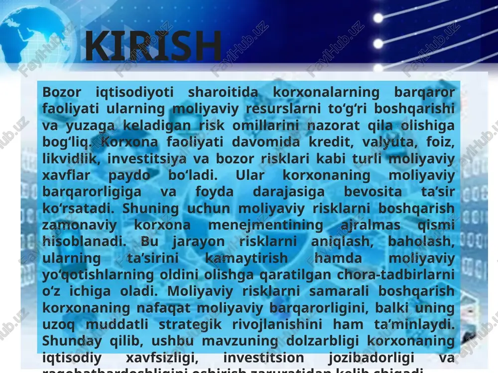 hda riskni boshqarish aniq va operativ bo`lishi muhim rol o`ynaydi. operativ boshqarish -bu yuzaga kelgan hodisalarni mantiqiy tomondan o`ylab o`tirmasdan, qisqa vaqtda shu muammoni yechishni to`g`ri yo`lini topishdir. aniqlik –bu riskli munosabatlarda yuzaga kelgan aniq muammolarni yechish tushuniladi. moliyaviy tavakkalchilik tadbirkorlik faoliyatiga, xususan, moliyaviy jihatdan yaqin bo’lgan tadbirkorlik xatarlari guruhiga kiritilgan. moliyaviy xavflarni sug’urtalash – mulkni sug’urtalashning bir turi bo’lib, u o’z navbatida daromad yo’qotish yoki turli sabablarga ko’ra daromad olmasligi uchun xavfni sug’urtalash hisoblanadi. mol-tavakkalchilik, mulk va mulkiy huquqlar bilan bog’liq boshqa xavflar kabi, mulkdorning mulkiy manfaatlariga tahdid soladi. biroq, muayyan mol-mulk (binolar, texnika, uskunalar) ning o’limiga yoki zararlanishiga olib keladigan xatarlardan farqli o’laroq, moliyaviy xavf-xatarlar pul yo’qotilishiga va daromad (foydaning) yo’qolishiga olib kelishi mumkin. odatda, sug’urta hodisalariga quyidagilar kiradi: sug’urta shartnomasida ko’rsatilgan hodisalar natijasida ishlab chiqarishni to’xtatish yoki ishlab chiqarishni qisqartirish; bankrotlik; kutilmagan xarajatlar; shartnomada nazarda tutilgan majburiyatlarni bajarmaslik yoki noto’g’ri bajarish, bitim bo’yicha kreditor bo’lgan sug’urtalangan shaxsning; …