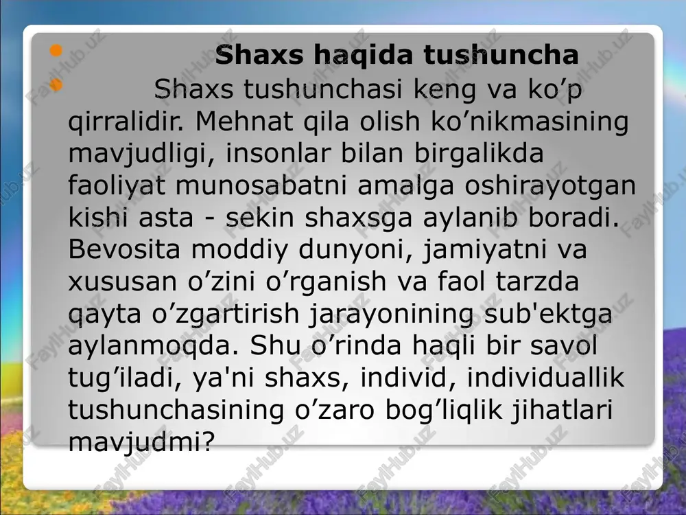 ona qornida oilada maktabgacha ta’limda boshlang‘ich ta’limda o‘rta maktabda o‘mkhtda oliy ta’limda oliy o‘quv yurtidan keyingi faoliyatda ijtimoiy normalar, sanksiyalar va shaxs. ijtimoiy norma — shaxs hayotida shunday kategoriyaki, u jamiyatning o’z a’zolari xulq-atvoriga nisbatan ishlab chiqqan va ko’pchilik tomonidan e’tirof etilgan xarakatlar talablaridir. masalan, o’zbeklar uchun biror xonaga kirib kelgan insonning kim bo’lishidan qat’iy nazar, «assalomu alaykum» deb kelishi — norma; o’quvchining o’qituvchi bergan topshiriqlarni bajarishi lozimligi — norma; xotinning er hurmatini o’rniga qo’yishi, qaynonaga gap qaytarmaslik — norma; avtobusda yoki boshqa jamoat transportida kichikning kattalarga, nogironlarga o’rin bo’shatishi — norma va hokazo. ijtimoiy sanksiyalar - normalarning shaxs xulqida namoyon bo’lishini nazorat qiluvchi jazo va rag’batlantirish mexanizmlari bo’lib, ularning borligi tufayli biz har bir alohida vaziyatlarda ijtimoiy xulq normalarini buzmaslikka, jamoatchilikning salbiy fikri obyektiga aylanib qolmaslikka harakat qilamiz. ijtimoiy ta’sirlarning shaxs tomonidan anglanishi. «men» — obrazi va o’zini-o’zi baholash. ijtimoiy normalar, sanksiyalar, rollar ijtimoiy mexanizmlar sifatida shaxs xulq-atvorini malum …
