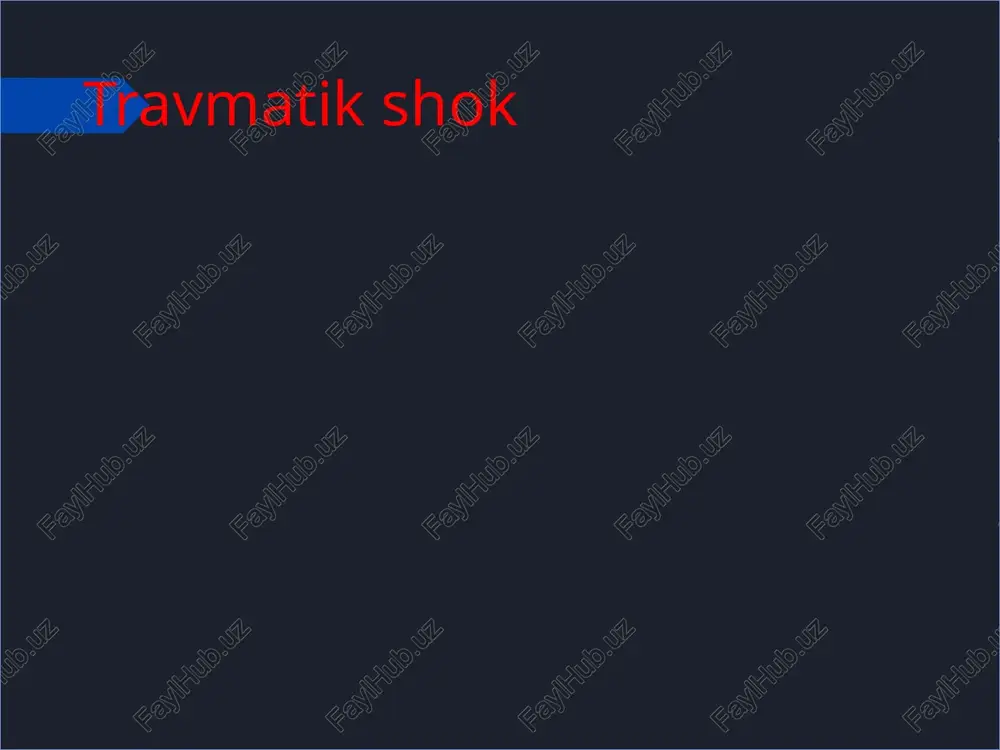 lanishi va bosh miya jarohatlari bilan kechishi mumkin. sanoat yoki sport jarohatlari: mexanik yoki kimyoviy ta'sirlar natijasida yuzaga keladigan jarohatlar. terrorizm va harbiy jarohatlar: portlash yoki o‘qotar qurollar natijasida bir nechta organlarning zararlanishi. politravmaning turlari mono-sistemali politravma: bir tizim ichida bir nechta organlarning jarohatlanishi (masalan, ko‘krak qafasi va o‘pka jarohati). ko‘p-sistemali politravma: bir vaqtning o‘zida turli tizimlarning zararlanishi (masalan, bosh miya, o‘pka va qorin bo‘shlig‘i organlari). mexanik politravma: faqat mexanik ta'sir natijasida (zarba, yiqilish). aralash politravma: mexanik, termik yoki kimyoviy jarohatlar kombinatsiyasi. politravmada qo'l – oyoqlarni shikastlanishi-86% t.q. boshni shikastlanishi – 69% ni t.q. ko'krakni shikastlanishi – 62 ni t.q. qorin shikastlanishi – 36% ni t.q. chanoqni shikastlanishi – 28% ni t.q. umurtqani shikastlanishi – 19% ni tashkil qiladi. politravmaning klinik belgilari travmatik shok: qon ketishi yoki og‘riq natijasida rivojlanadi, bu esa organizmning kompensatsion reaktsiyalarini buzadi. ko‘p jarohatlar mavjudligi: bosh jarohatlari, ko‘krak qafasi yoki qorin bo‘shlig‘i zararlanishi, bir nechta suyaklarning …