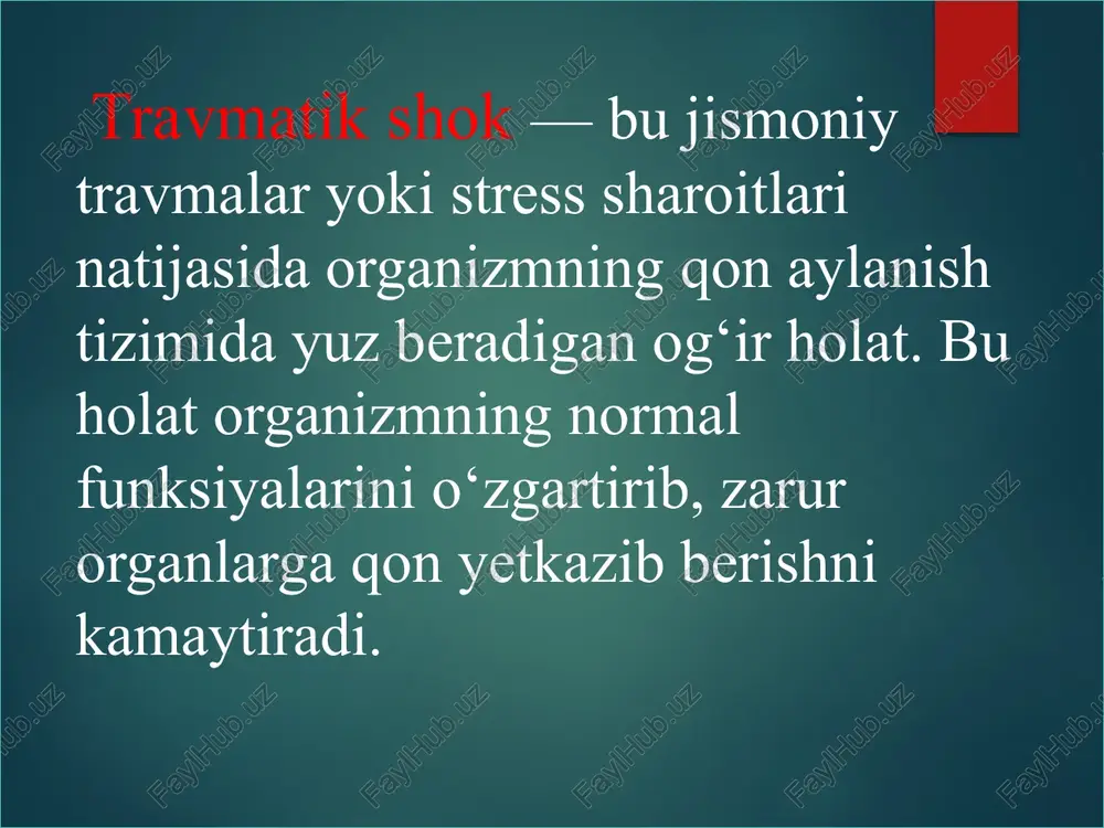lanishi va bosh miya jarohatlari bilan kechishi mumkin. sanoat yoki sport jarohatlari: mexanik yoki kimyoviy ta'sirlar natijasida yuzaga keladigan jarohatlar. terrorizm va harbiy jarohatlar: portlash yoki o‘qotar qurollar natijasida bir nechta organlarning zararlanishi. politravmaning turlari mono-sistemali politravma: bir tizim ichida bir nechta organlarning jarohatlanishi (masalan, ko‘krak qafasi va o‘pka jarohati). ko‘p-sistemali politravma: bir vaqtning o‘zida turli tizimlarning zararlanishi (masalan, bosh miya, o‘pka va qorin bo‘shlig‘i organlari). mexanik politravma: faqat mexanik ta'sir natijasida (zarba, yiqilish). aralash politravma: mexanik, termik yoki kimyoviy jarohatlar kombinatsiyasi. politravmada qo'l – oyoqlarni shikastlanishi-86% t.q. boshni shikastlanishi – 69% ni t.q. ko'krakni shikastlanishi – 62 ni t.q. qorin shikastlanishi – 36% ni t.q. chanoqni shikastlanishi – 28% ni t.q. umurtqani shikastlanishi – 19% ni tashkil qiladi. politravmaning klinik belgilari travmatik shok: qon ketishi yoki og‘riq natijasida rivojlanadi, bu esa organizmning kompensatsion reaktsiyalarini buzadi. ko‘p jarohatlar mavjudligi: bosh jarohatlari, ko‘krak qafasi yoki qorin bo‘shlig‘i zararlanishi, bir nechta suyaklarning …