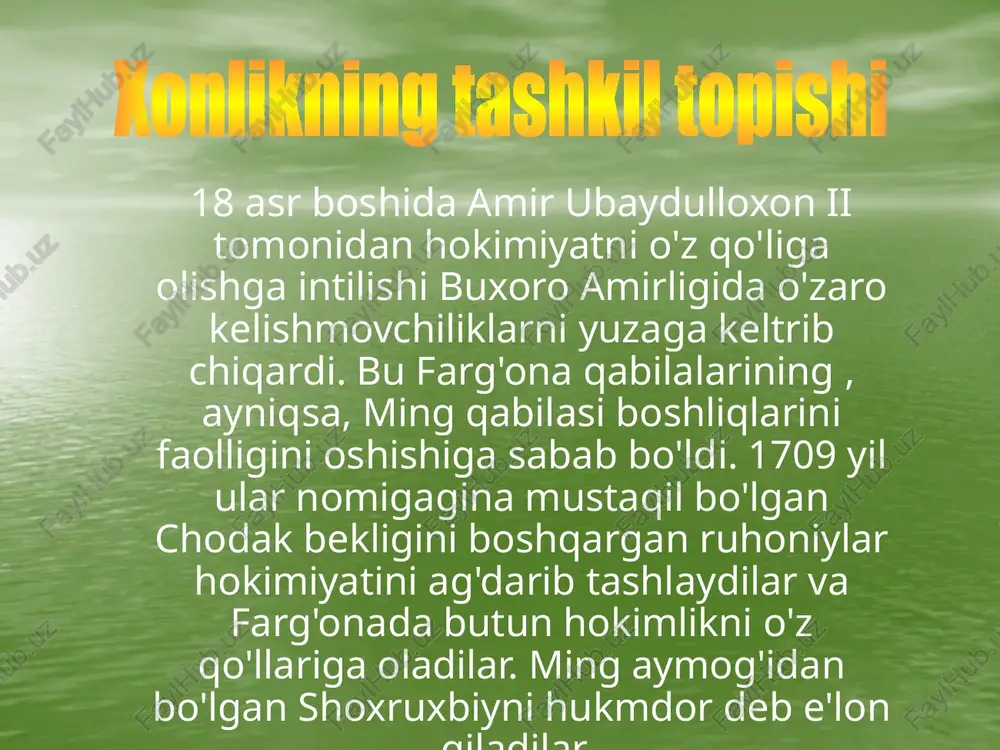 aylantirilgan. 1842-yilda shahar mustahkam devor bilan o’ralgan. shaharga 12 darvozadan kirilgan. shaharning 12 darvozali bo’lishiga sabab uning ma’muriy jihatdan 12 dahaga bo’linganligi edi. bu davrda shaharda 80000 (ba’zi ma’lumotlarda 31 ming) aholi yashagan. qo'qon shahrining xaritasi ushbu vaqt ichida shahar tobora rivojlanar va o'sar edi. vengriyalik sayohatchi vamberining yozishicha, "xokand" shahri xivadan 6, texrondan 4, buxorodan esa 2 barobar katta edi. u uzunasiga 17 km, eniga esa 5,3 km ga cho'zilgan edi. qo'qon xonligining rossiyaga qo'shilishi arafasida shaxarda 10 000 ta hovli, 120 ta maktab, 40 ta madrasa bo'lgan. 1800 yilga kelib shaharda 2 000 ta savdo do'koni, 6 ta bozor, 9 ta karvon saroy bo'lganligi, bu yerda savdo-sotiq ishlari yaxshi rivojlangani haqida dalil bo'la oladi. shaxarning bosh ko’chasi: shaxar ko'rinishi sulton murodbek masjidi: shaxar ko'rinishi shaxar darvozasi: shaxar bozori: amir umarxon va uning xotini, nodirabegim rahnamoligi ostida xonlikda ilm, madaniyat va san'at gullab yashnaydi. bu xukmdorlar qo'qonda maxmur, amiriy, …