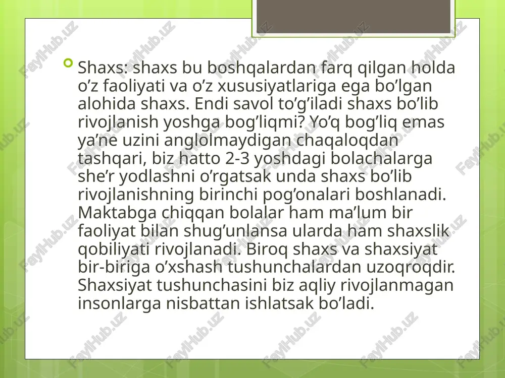 i bo’ladi. shaxs-qaytarilmas, u o’z sifatlari va borligi bilan noyobdir ana shu qaytarilmaslik va noyoblikning asosida uning individual psixologik xususiyatlari majmui yotadi. yuz yillar davomida psixologlar odamlar o'rtasidagi farqlarni tushuntirishning yagona muhim omili atrof - muhit, ayniqsa, bola hayotining dastlabki bir necha yillarida ota-onalar tomonidan yaratilgan muhit deb taxmin qilishdi. bu fikr freydning asarlaridan va undan keyin ham hukmronlik qildi. ammo psixogenetika yordamida biz odamlarning dnk sidagi farq ular orasidagi farqning deyarli yarmini tushuntirishini aniqladik. genetika shunchaki" muhim " u psixologiyaning deyarli barcha sohalarida katta rol o'ynaydi: inson ruhiy salomatligi, kasalliklar, kognitiv qobiliyatlar, shaxsiyatni rivojlantirish va boshqalar. uzoq vaqt davomida odamlar bizning shaxsiyatimiz butunlay tarbiya bilan bog'liq deb ishonishgan. tabiat va atrof-muhit psixologiyada eski munozarali masaladir. psixogenetiklar tabiat (genlar) juda muhimligini ko'rsatdi. g'oyaning o'zi o'tgan asrning boshlariga to'g'ri keladi, psixogenetik usullar ishlab chiqilgan bo’lib ular: egizak usul va asrab olingan bolali oilalarni o'rganishdan iborat. dunyoda tug'ilgan barcha bolalarning taxminan bir …