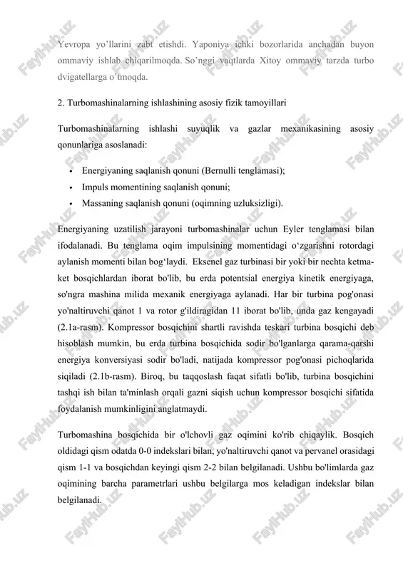 lanadi. bu tenglama oqim impulsining momentidagi o‘zgarishni rotordagi aylanish momenti bilan bog‘laydi. eksenel gaz turbinasi bir yoki bir nechta ketma-ket bosqichlardan iborat bo'lib, bu erda potentsial energiya kinetik energiyaga, so'ngra mashina milida mexanik energiyaga aylanadi. har bir turbina pog'onasi yo'naltiruvchi qanot 1 va rotor g'ildiragidan 11 iborat bo'lib, unda gaz kengayadi (2.1a-rasm). kompressor bosqichini shartli ravishda teskari turbina bosqichi deb hisoblash mumkin, bu erda turbina bosqichida sodir bo'lganlarga qarama-qarshi energiya konversiyasi sodir bo'ladi, natijada kompressor pog'onasi pichoqlarida siqiladi (2.1b-rasm). biroq, bu taqqoslash faqat sifatli bo'lib, turbina bosqichini tashqi ish bilan ta'minlash orqali gazni siqish uchun kompressor bosqichi sifatida foydalanish mumkinligini anglatmaydi. turbomashina bosqichida bir o'lchovli gaz oqimini ko'rib chiqaylik. bosqich oldidagi qism odatda 0-0 indekslari bilan, yo'naltiruvchi qanot va pervanel orasidagi qism 1-1 va bosqichdan keyingi qism 2-2 bilan belgilanadi. ushbu bo'limlarda gaz oqimining barcha parametrlari ushbu belgilarga mos keladigan indekslar bilan belgilanadi. yo'naltiruvchi qanot 1da (2.2-rasm) oqimning potentsial va …
