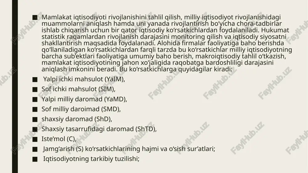 lib qolaveradilar. aynan shu jihat yaimni hisoblashda iqtisodiy va jug‘rofiy hudud o‘rtasidagi farq deb qaraladi. yaim uch xil usul bilan hioblanadi: 1) ishlab chiqarish usuli; 2) xarajatlar usuli; 3) daromadlar usuli. milliy iqtisodiyot rivojlanishi jarayonlarida turli makroiqtisodiy ko‘rsatkichlar o‘rtasida ma’lum proporsiyalar yoki tenglik ta’minlanishi lozim. proporsiya atamasi aynan tenglikni bildirmasdan bir butunga nisbatan uning bo‘laklarining nisbatini, yoki shu bo‘laklar o‘rtasidagi nisbatni bildiradi. bunga mavzuimizning yamtd ning yakuniy iste’mol va milliy jamg‘arishga bo‘linishini misol qilib keltirish mumkin. odatda yamtd hajmida yakuniy iste’mol hajmi yuqori bo‘ladi. ammo mavzuning 4-savolida xitoy xalq respublikasi misolida ko‘rdikki milliy jamg‘armalarning ulushi ham yuqori bo‘lishi mumkin ekan. demak yakuniy iste’mol va milliy jamg‘armalarning yamtd dagi ulushi 3:1 proporsiyada ham, 2:1 proporsiyada ham bo‘lishi mumkin ekan. shu bilan birga iqtisodiyotda muvozanat bo‘lishi uchun ayrim ko‘rsatkichlarning aynan teng bo‘lishi talab etiladi. turli makroiqtisodiy ko‘rsatkichlar, yoki ko‘rsatkichlar guruhlari o‘rtasidagi mavjud bo‘ladigan, yoki mavjud bo‘lishi iqtisodiy qonuniyat hisoblagan o‘zaro tenglikka makroiqtisodiy …